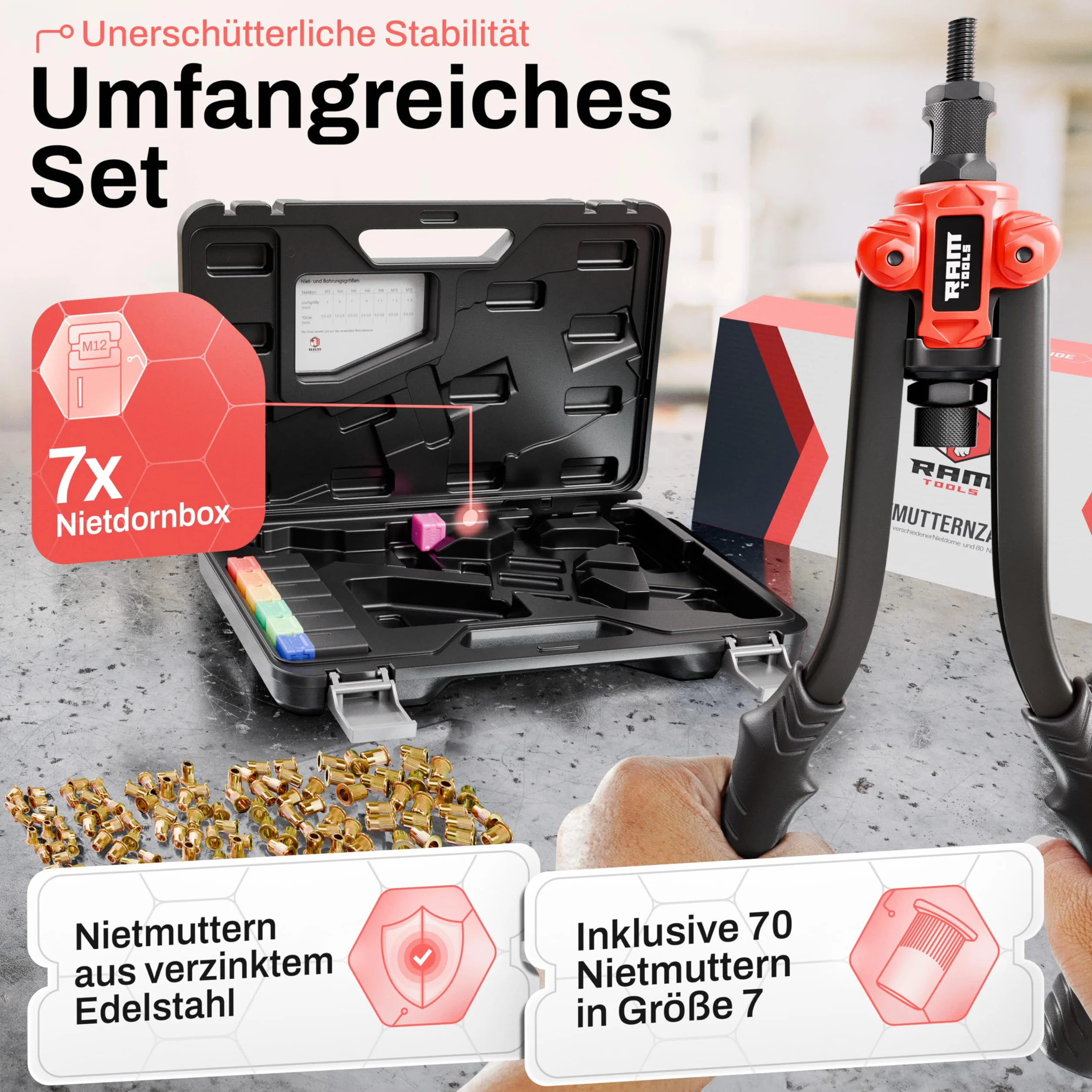 Profi Blindnietmutternzange Set inkl. 70 Nietmuttern, Dorne M3-M12