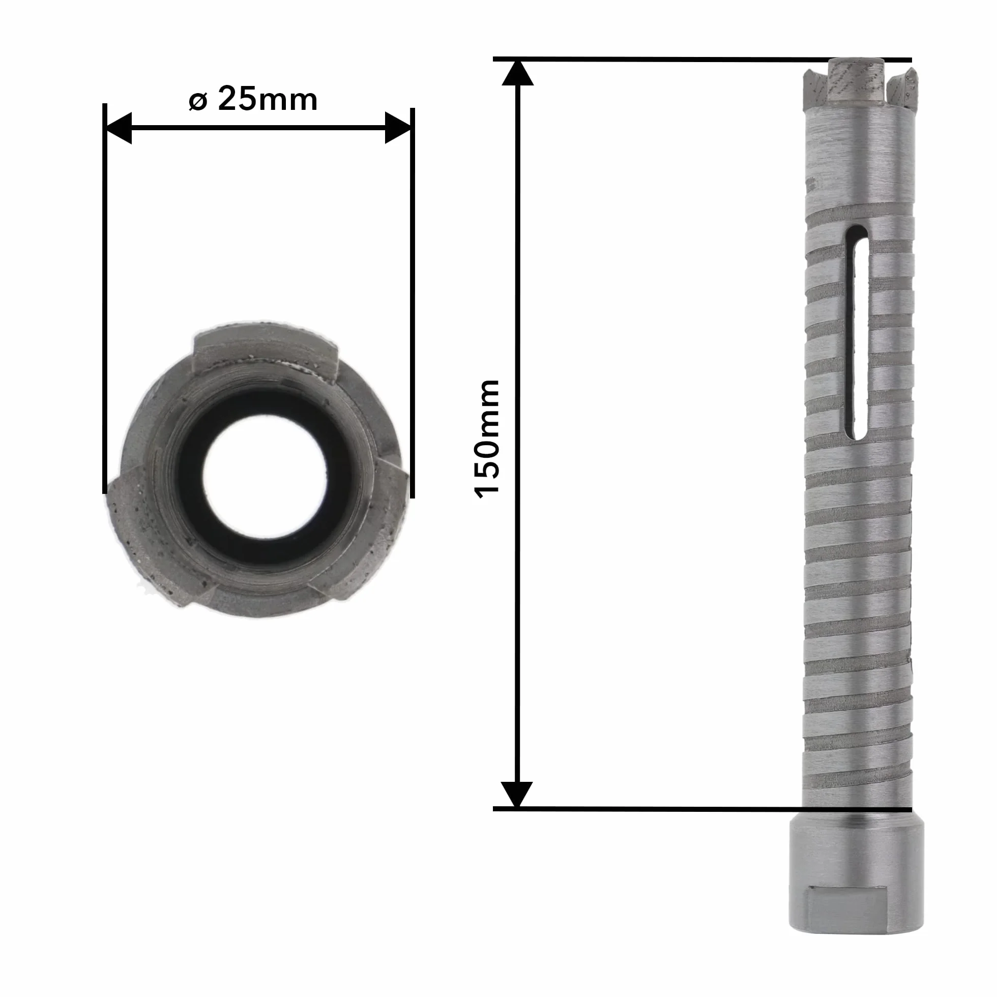 PRODIAMANT Diamentowa wiertnica rdzeniowa ø 25 mm długość efektywna 150 mm z adapterem SDS do młotowiertarki, segmenty spawane laserowo do wiercenia na sucho