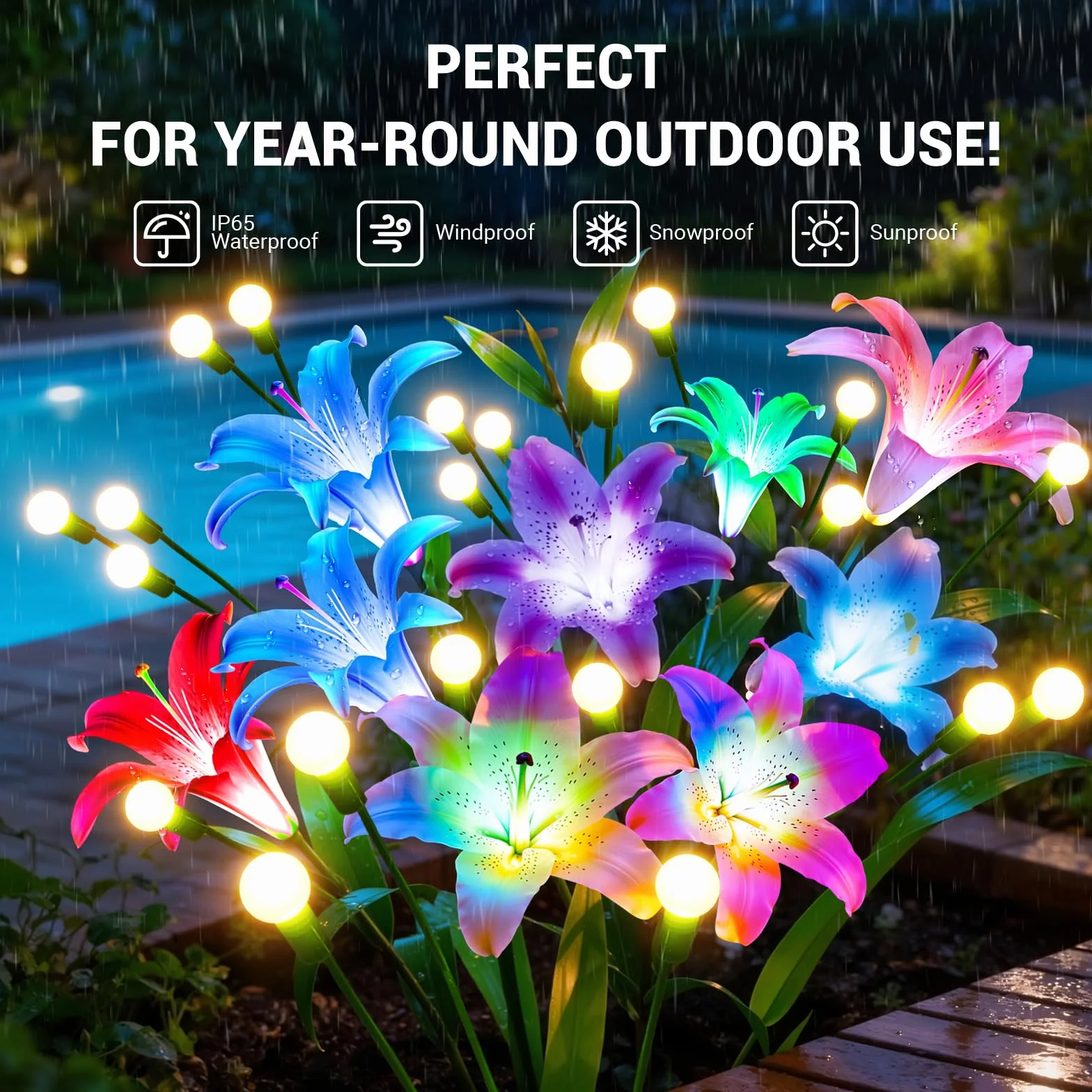 BUCASA Lampy solarne Firefly do ogrodu na zewnątrz, 4 szt. 36 diod LED, jasne lampy solarne do użytku na zewnątrz z ciepłymi, białymi świetlikami i wielokolorowymi kwiatami lilii, ulepszone, kołyszące