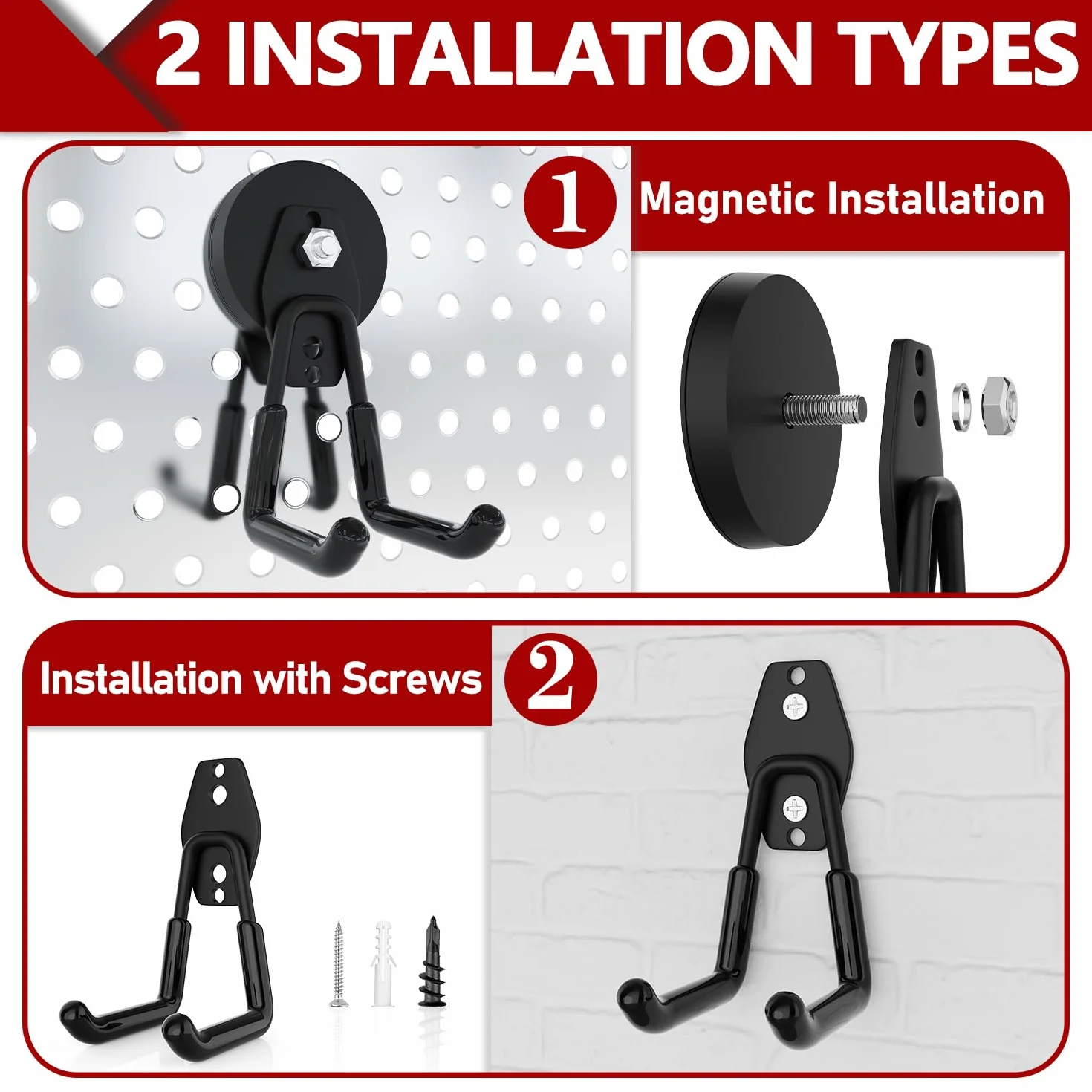 3-H Zestaw 4 magnetycznych haczyków garażowych (2 duże + 2 małe mocne haczyki magnetyczne), haczyk z magnesem do zawieszenia 20 kg na stół warsztatowy, do warsztatu, garażu, szopy, czarny