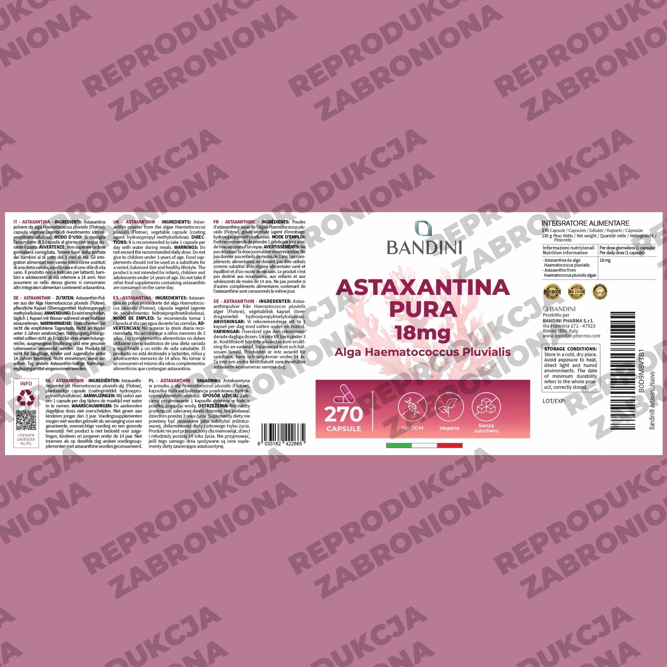 Bandini® Natural Astaxanthin - 18 mg 270 kapsułek - Najlepszy antyoksydant pozyskiwany z alg Haematococcus Pluvialis - chroni organizm przed utlenianiem - czysta astaksantyna