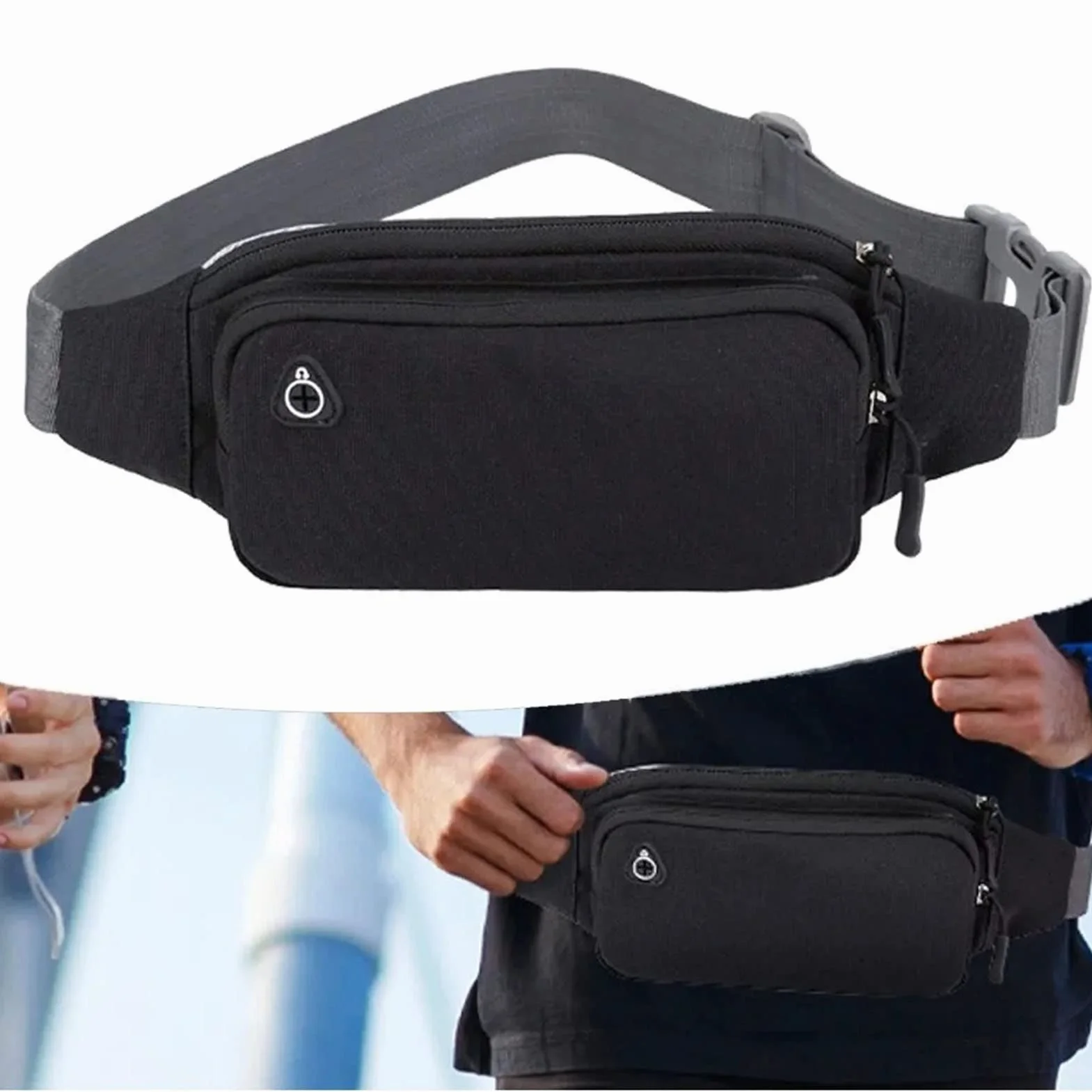 Ausla Nylonowa Torba w Talii Fanny Pack Bag Paska z Regulowanym Paskiem Wodoodporna Konstrukcja Oddychająca z Tyłu Oddychania do Biegania na Rowerze (Nylon czarny (szary pasek))