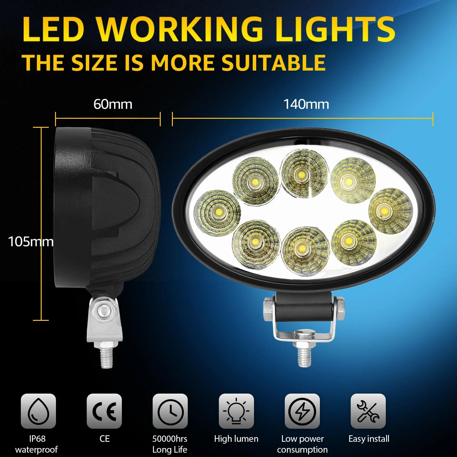 Owalny reflektor roboczy LED Offroad, 24 W, 12/24 V, prostokątne światło robocze IP68, do traktora, SUV-a, 4 szt.