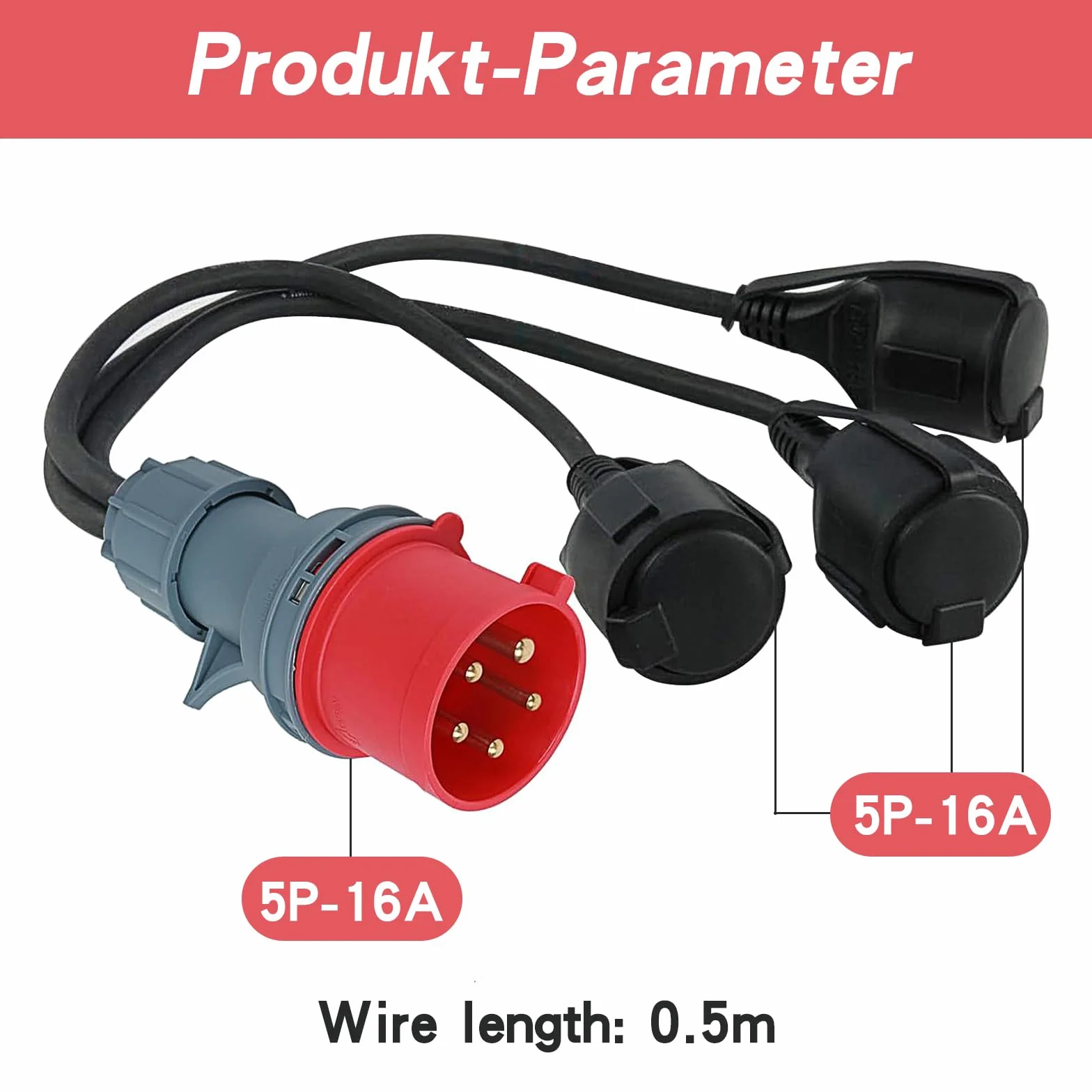 CEE Adapter rozdzielacz prądu 400 V, 16 A, wtyczka na 3 x 230 V, kabel przedłużający z wtyczką ze stykiem ochronnym i pokrywą na zawiasach, przewód adaptera CEE do zastosowań przemysłowych, przyczep