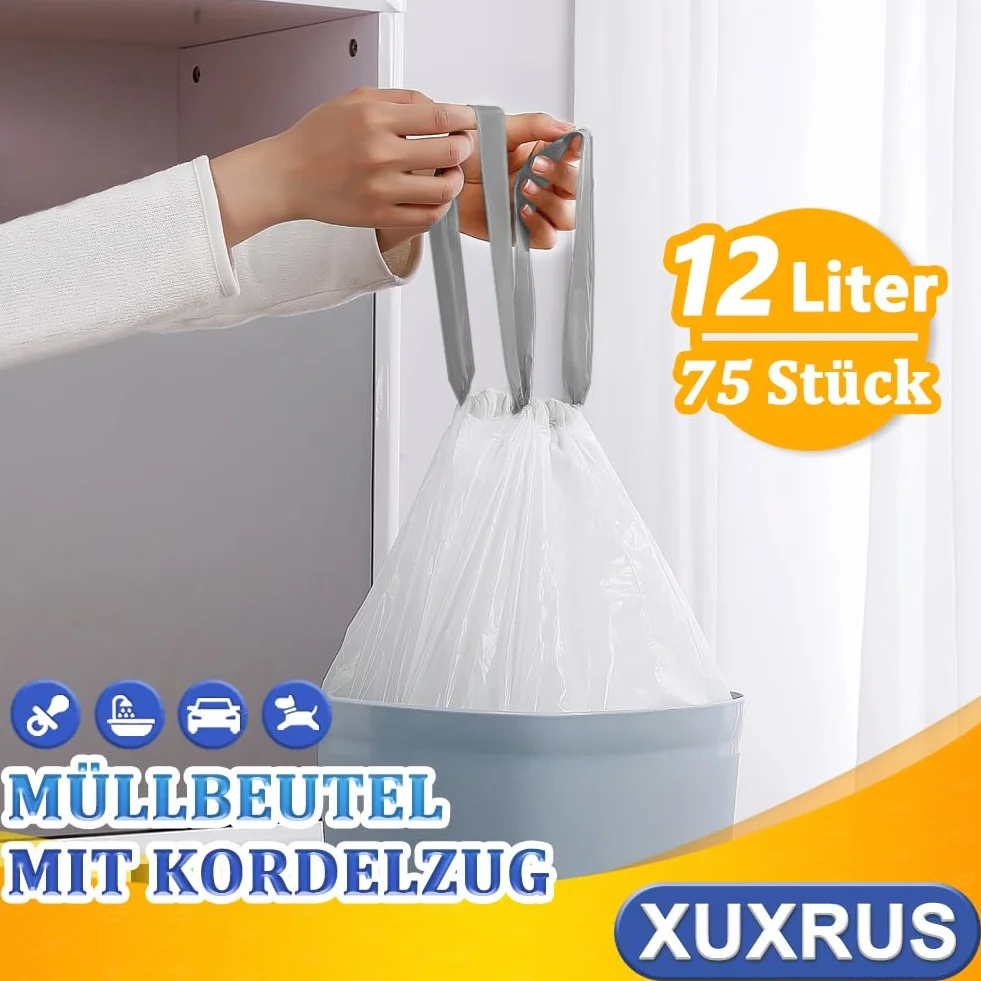 XUXRUS Małe worki na śmieci, 12 l, ze ściągaczem, odporne na rozerwanie, białe, na śmieci o pojemności 10 l, 15 litrów
