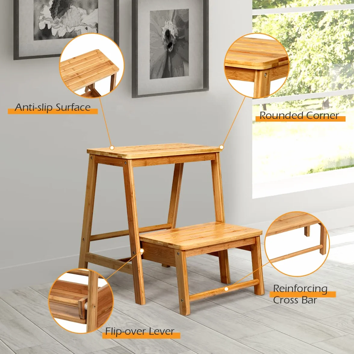 GIANTEX taboret 2 stopnie, krzesło drabinkowe z litego drewna składane, drabinka drabinkowa 45x33x48 cm, stojak drabinkowy drewniany mała drabinka do użytku domowego, składane stopnie bambusowe