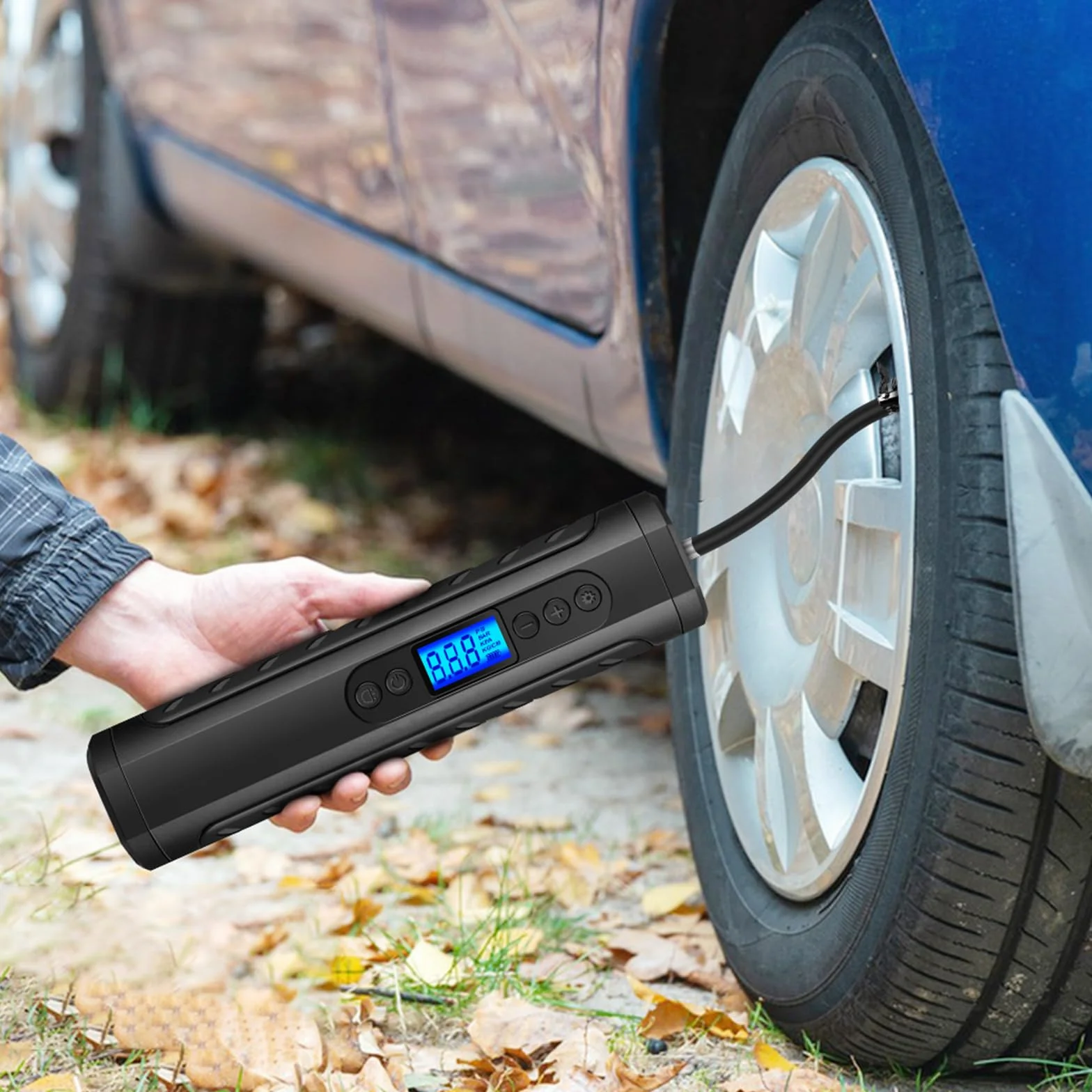 Przenośna sprężarka powietrza Przenośny Kompresor 150 PSI 6000 mAh Bezprzewodowa Pompka do Opon z Wyświetlaczem LCD, Lampką LED i 3 Końcówkami do Samochodu, Roweru i Motocykla