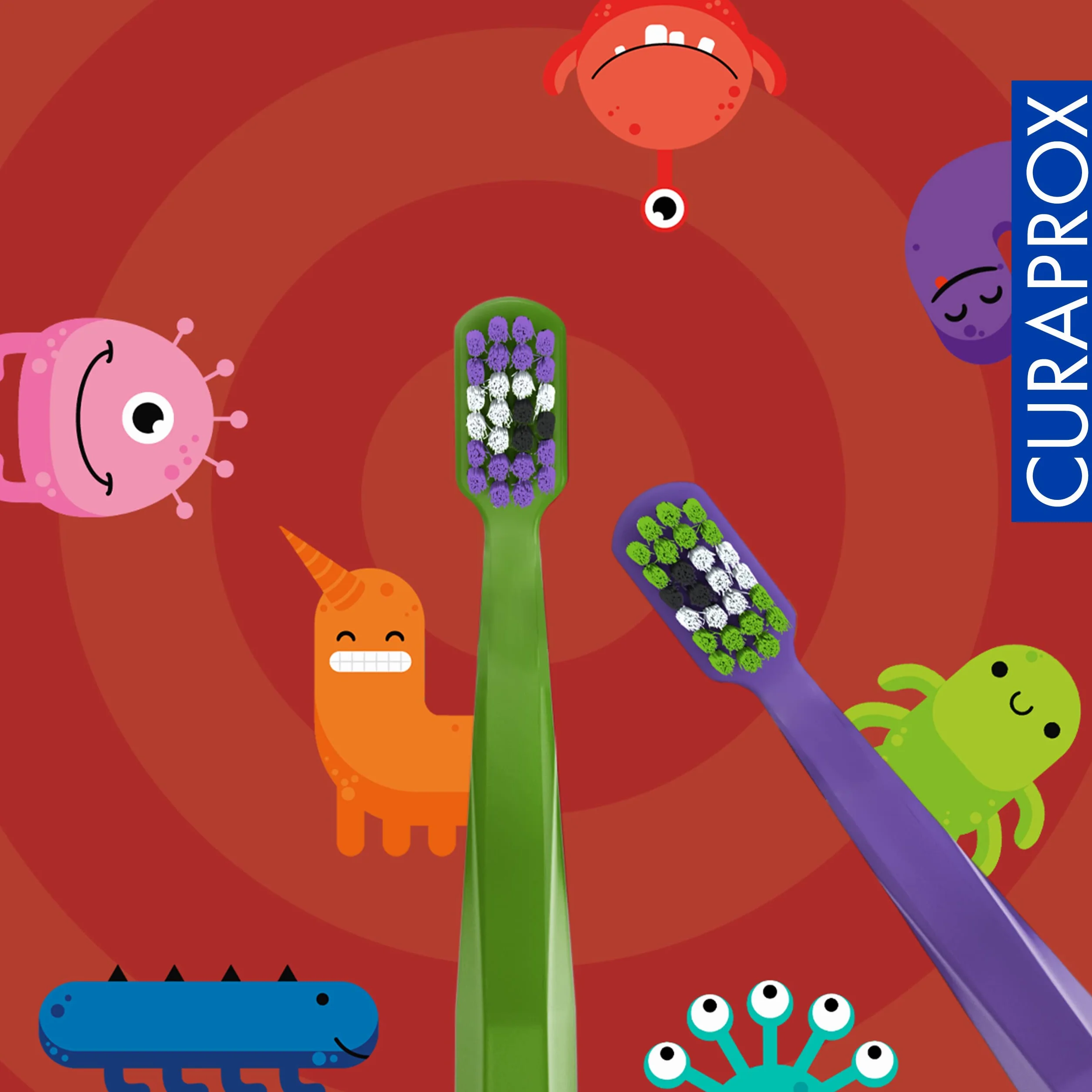 Curaprox CS Kids ręczna szczoteczka do zębów, edycja specjalna: Little Bacterias, 2 sztuki, ultra miękka szczoteczka do zębów dla dzieci