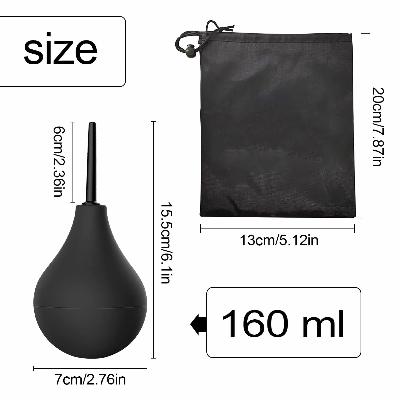 TSHAOUN Bulb Douche dla mężczyzn i kobiet, wielokrotnego użytku, silikonowa cienka dysza, bezpieczna, wygodna, gumowa myjka, zestaw do czyszczenia, 160 ml (czarna), 15,5 x 7 cm