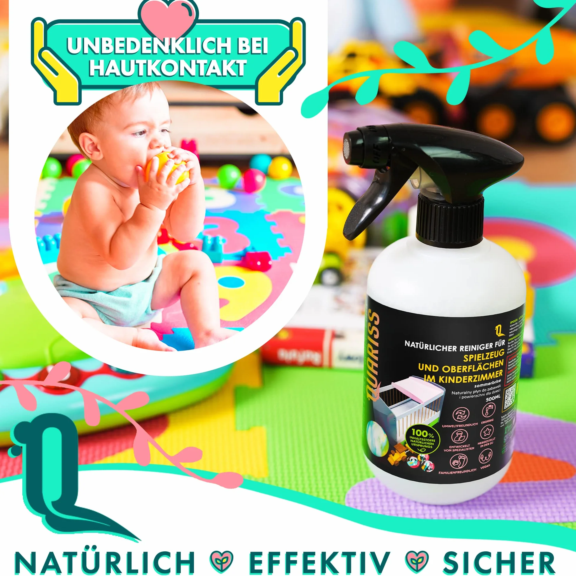 Naturalny środek czyszczący do zabawek i powierzchni w pokoju dziecięcym - spray higieniczny dla małych dzieci i niemowląt, mata, krzesło, stół, wegański, bez alergenów 500 ml