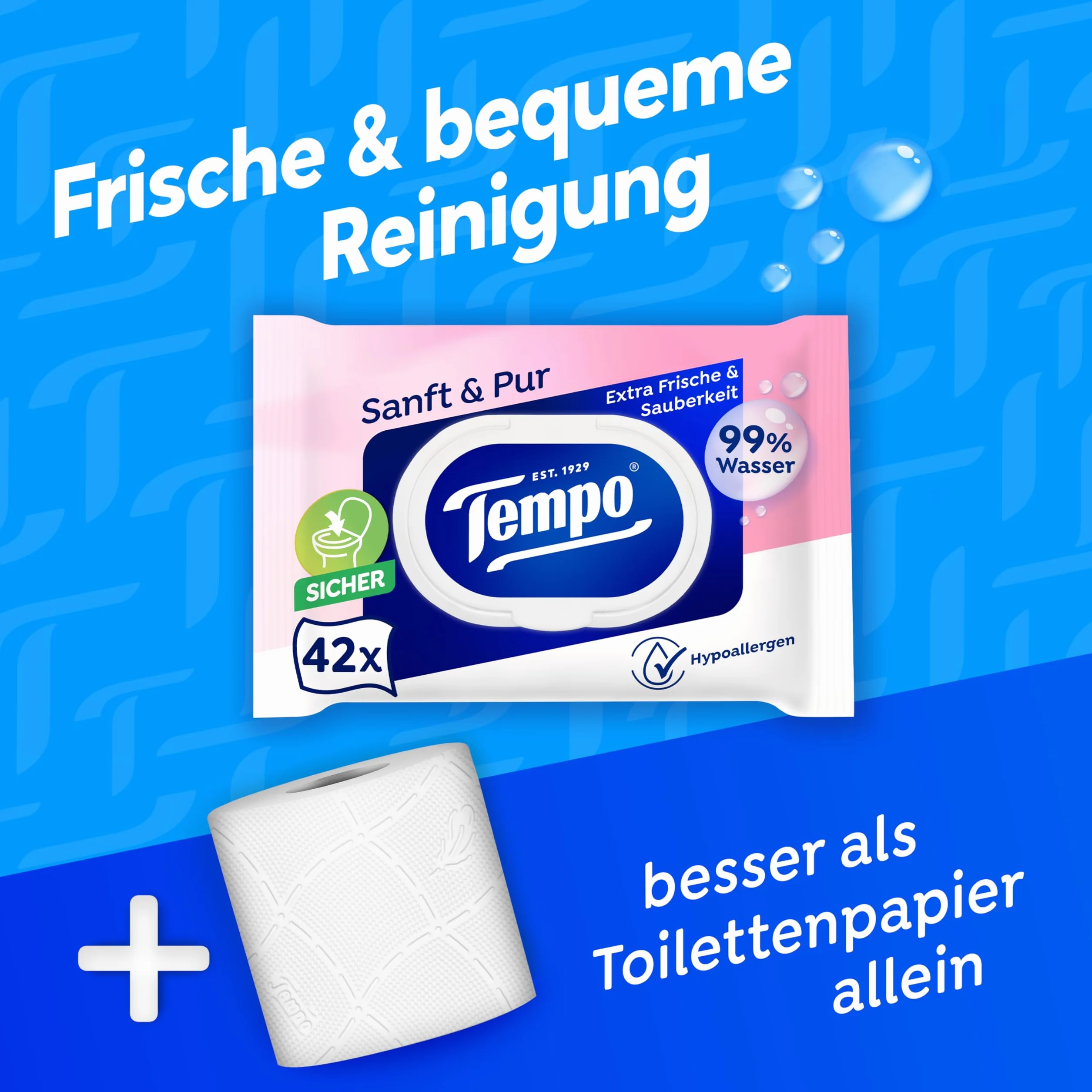 Tempo Wilgotne ściereczki toaletowe "Soft & Pur" - Megapack - 16 opakowań po 42 ściereczki - podwójne opakowania - wilgotny papier toaletowy, testowany dermatologicznie i neutralny dla skóry