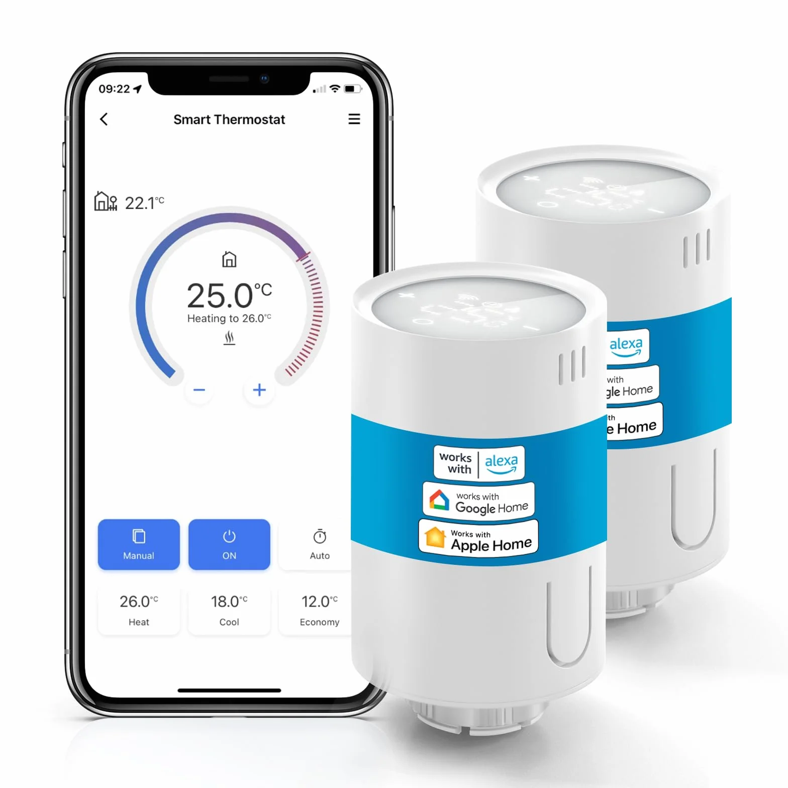 Meross Inteligentny termostat grzejnikowy Wi-Fi, kompatybilny z HomeKit, Alexa i Google Assistant, 2 szt