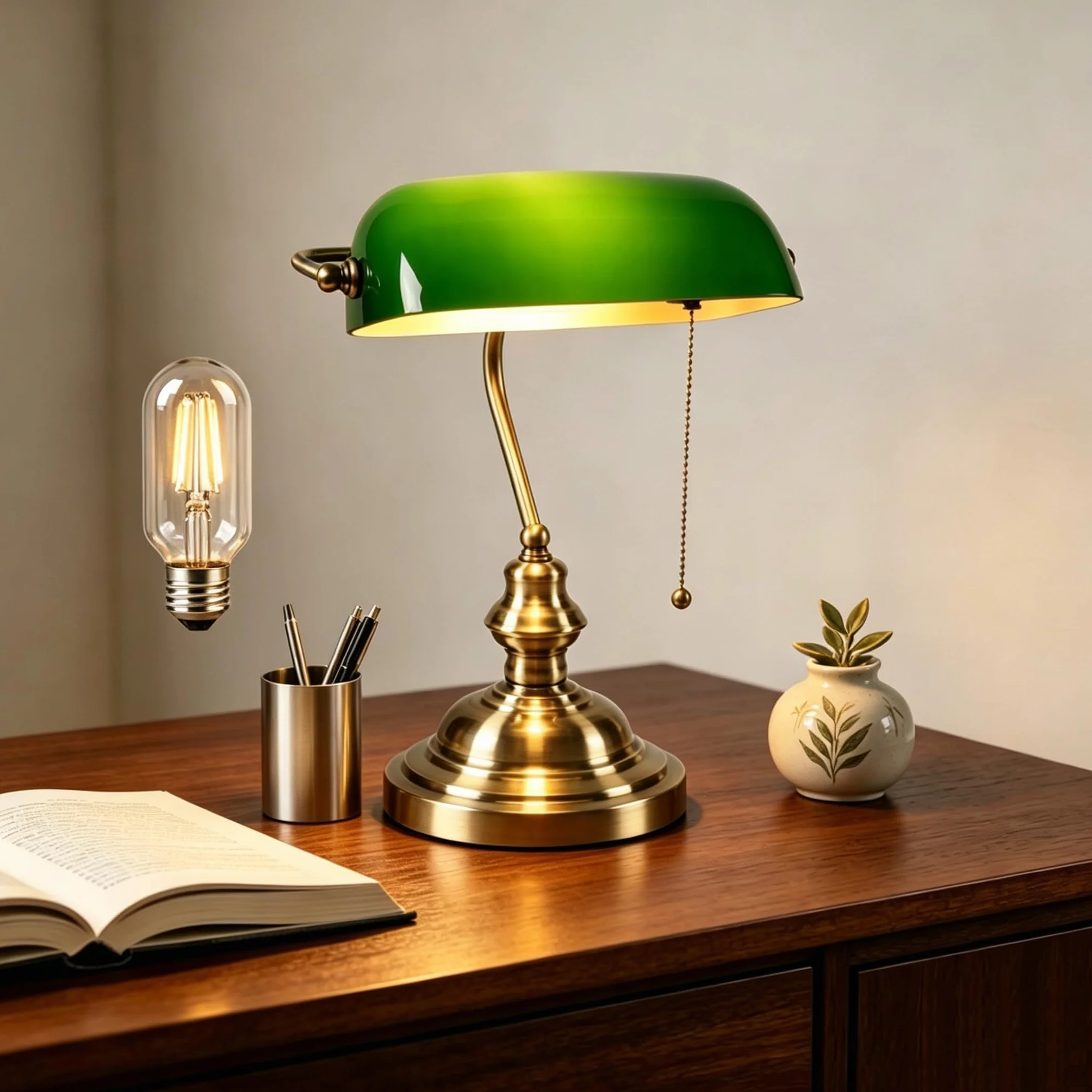 Bankers Zielona szklana lampa biurkowa antyczna z mosiężną podstawą vintage do biura