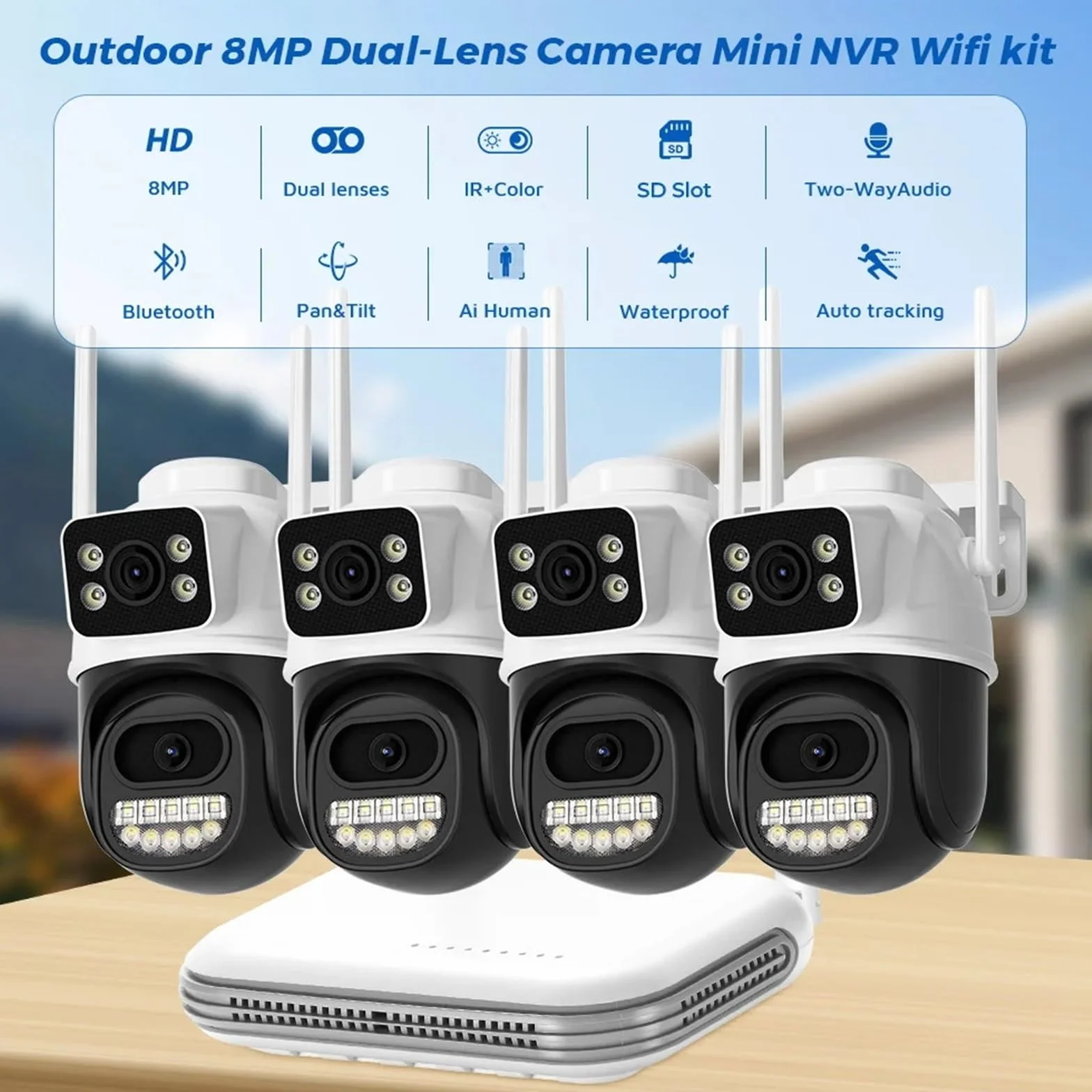 Kamera IP 8MP z dźwiękiem WiFi, zewnętrzna, 8-kanałowa, mini kamera NVR, zestaw do monitoringu CCTV, bezprzewodowy system kamer noktowizorem na podczerwień,Spokój ducha zawsze(1T,8pcs)