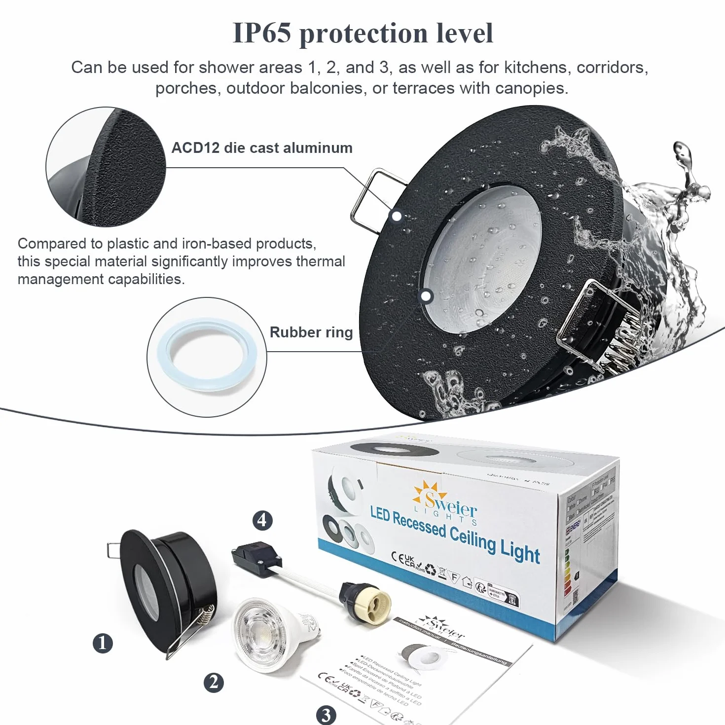 IP65 reflektor do zabudowy LED 5 W, GU10 reflektory sufitowe do łazienki, wilgotnych pomieszczeń, wodoszczelne, lampy punktowe LED 230 V 68-75 mm wymiar otworu (bez lampy), zestaw 4 szt. czarny