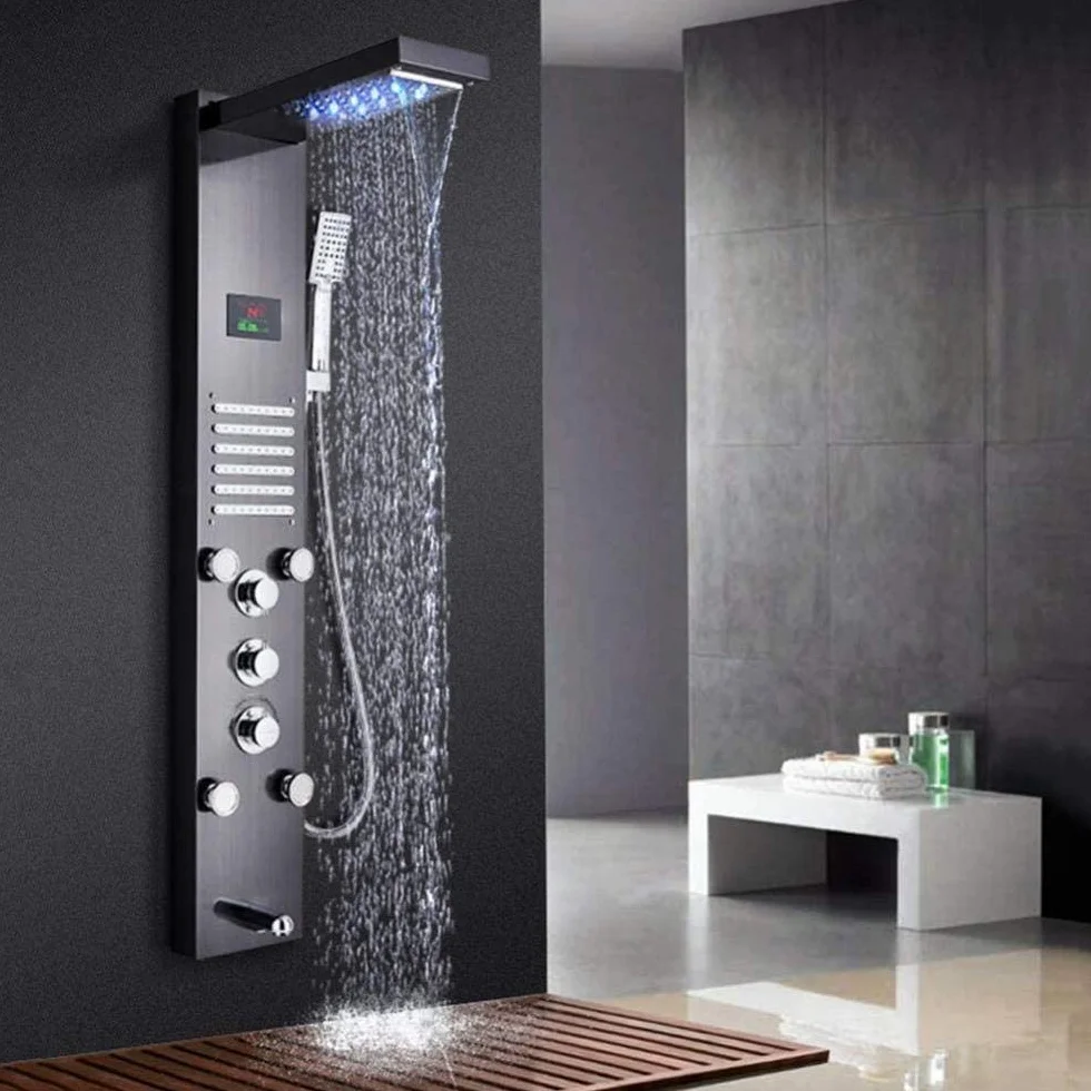 Czarny system prysznicowy bateria prysznicowa z wyświetlaczem temperatury wody LED zestaw prysznicowy z wodospadem głowica prysznicowa prysznic ręczny i dysza do masażu ciała do łazienki