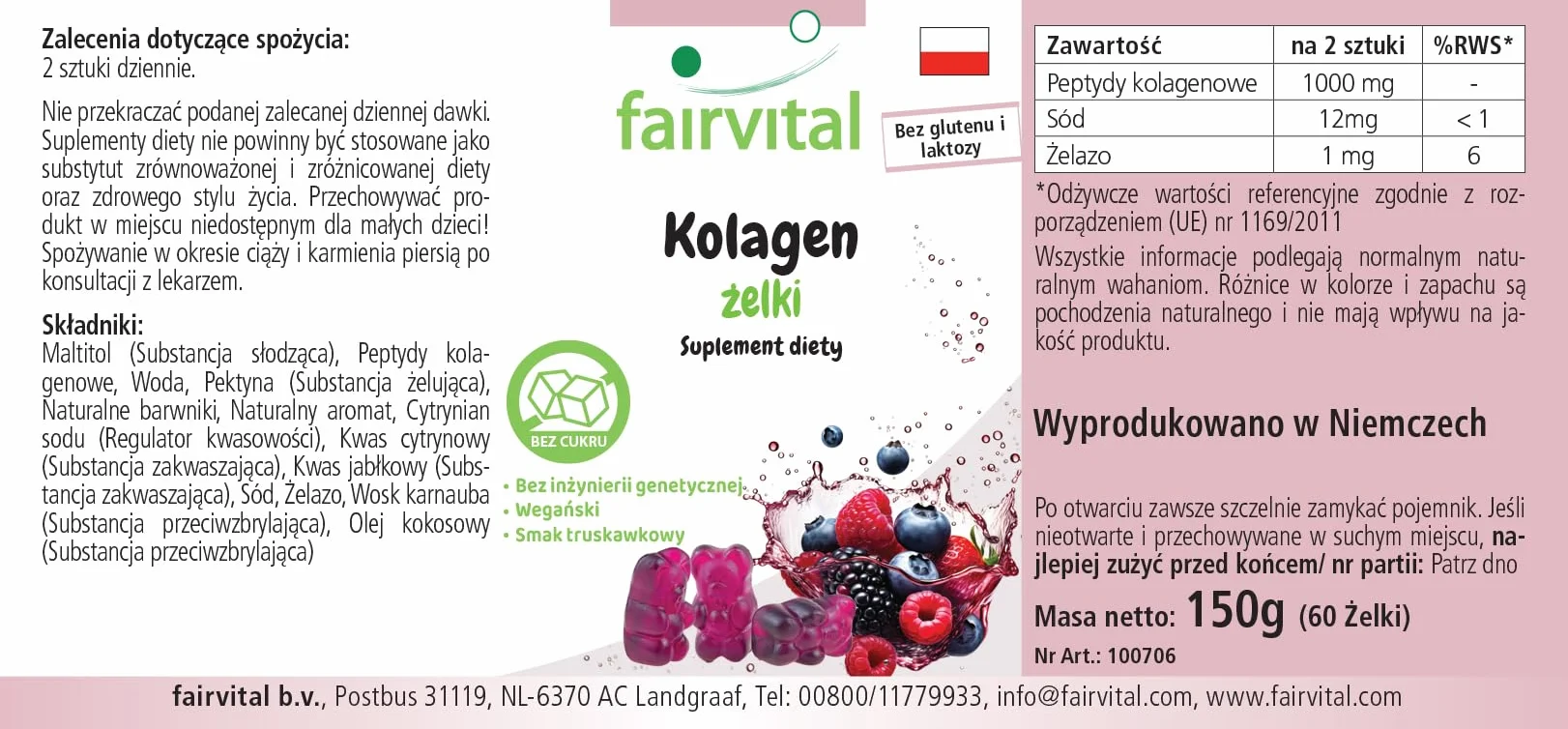 Fairvital Żelki kolagenowe 60 sztuk 1000mg z sodem i żelazem bez cukru