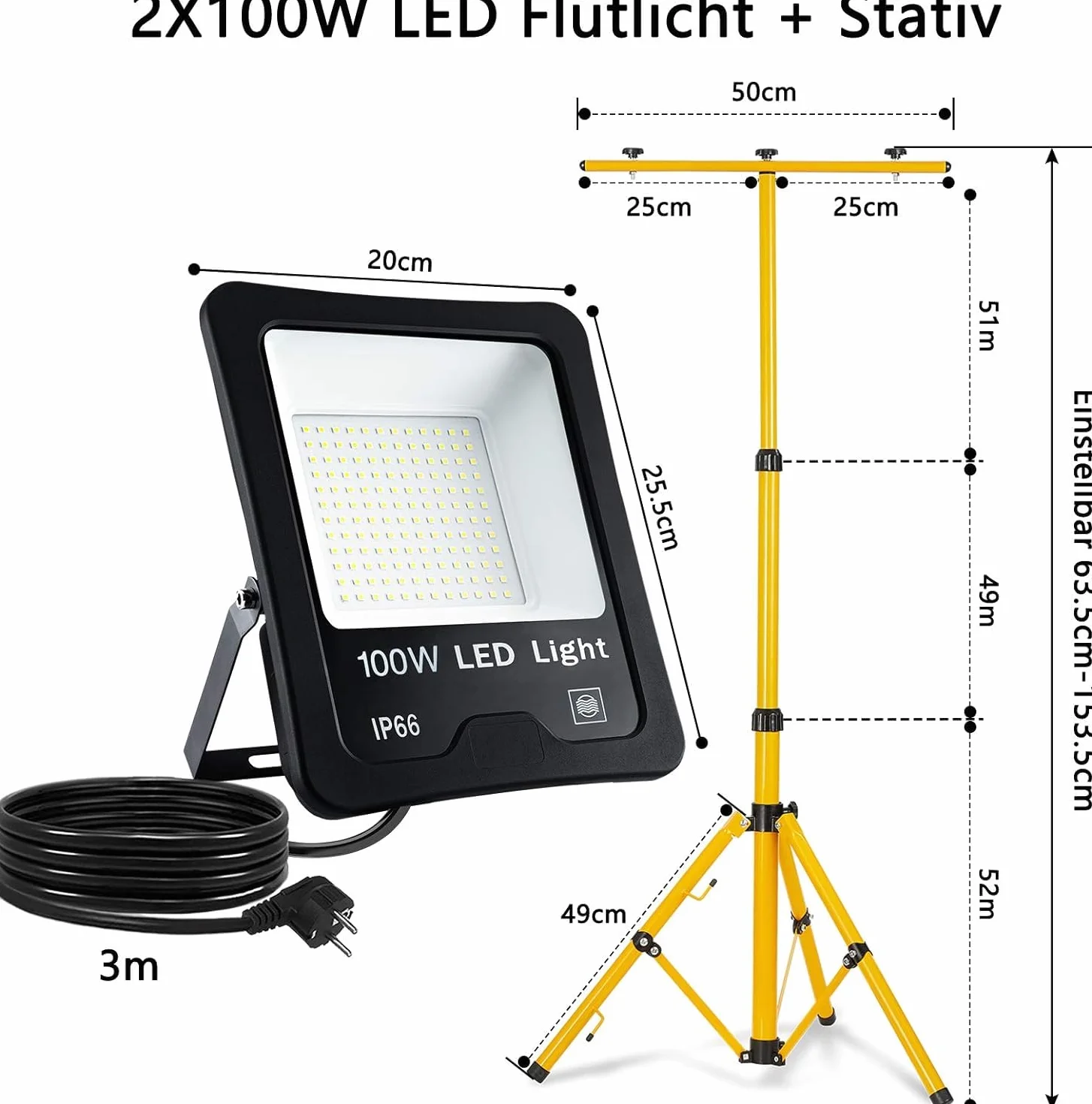 FIVMEN Reflektor budowlany 2 x 100 W, 8500 lm, lampa robocza z regulowanym statywem i wtyczką kabla 3 m, lampa budowlana, reflektor roboczy, wodoszczelny IP66, do garażu, warsztatu, na plac budowy,