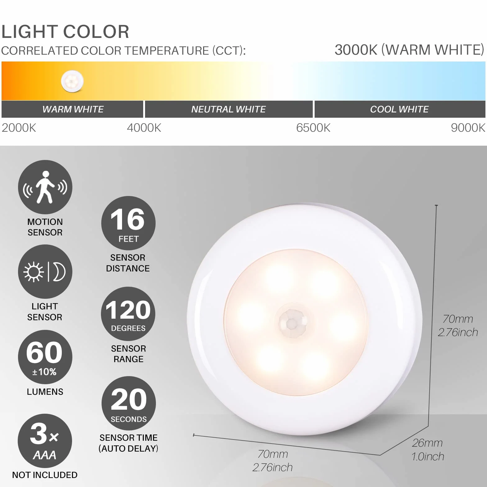STAR-SPANGLED lampki do szafy LED z czujnikiem ruchu, bezprzewodowe światła podszafkowe, zasilane bateryjnie, przyklejane w dowolnym miejscu światła krążkowe aktywowane ruchem, nocne światła schodowe