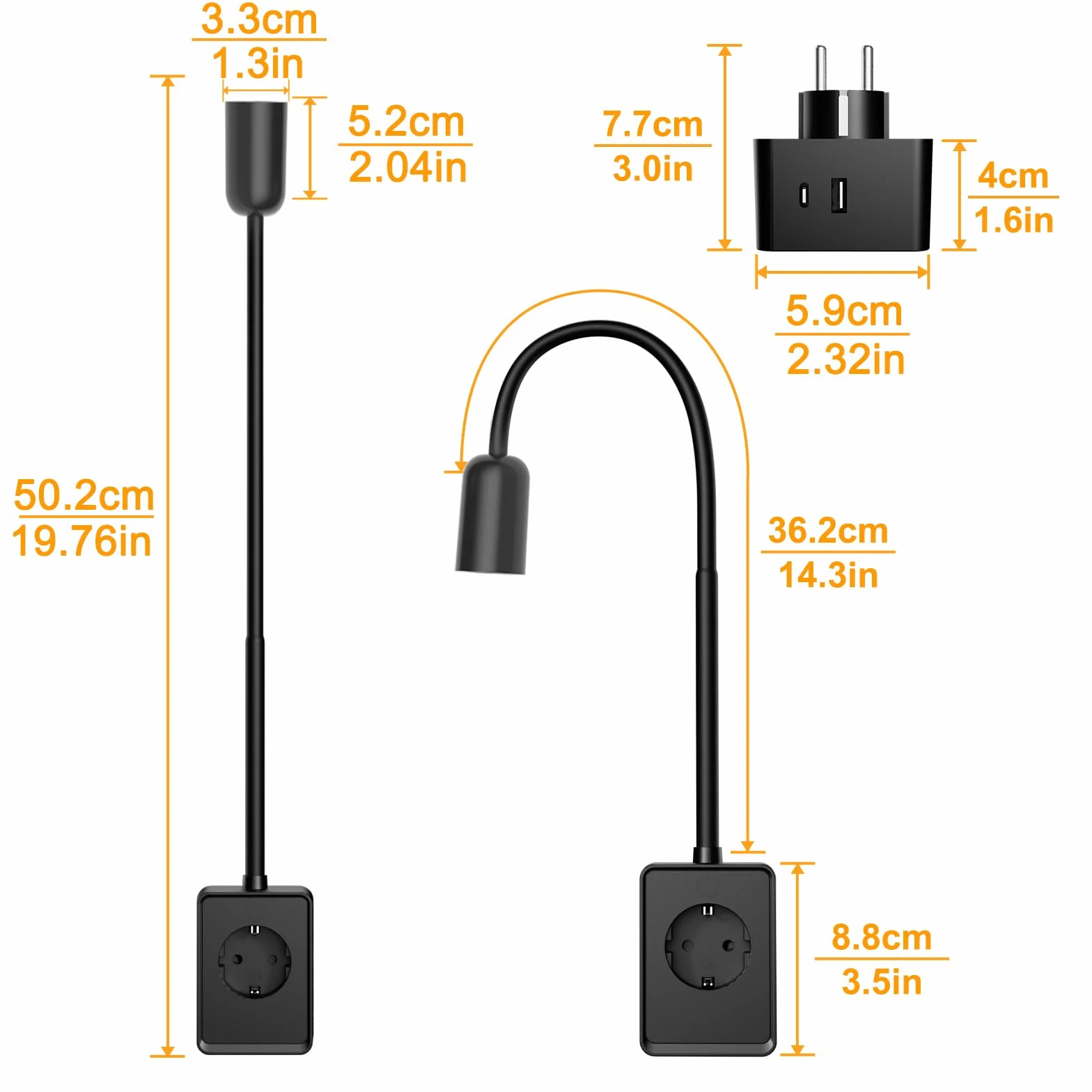 ENUOTEK Lampa do Czytania LED Czarnym z Gniazdem, Ściemniawalna Lampa Ścienna o Mocy 3W Przełącznikiem i Gniazdem, Wyposażona w Porty USB i Type-C, Regulowana Temperatura Barwowa 4000K-3000K-5000K