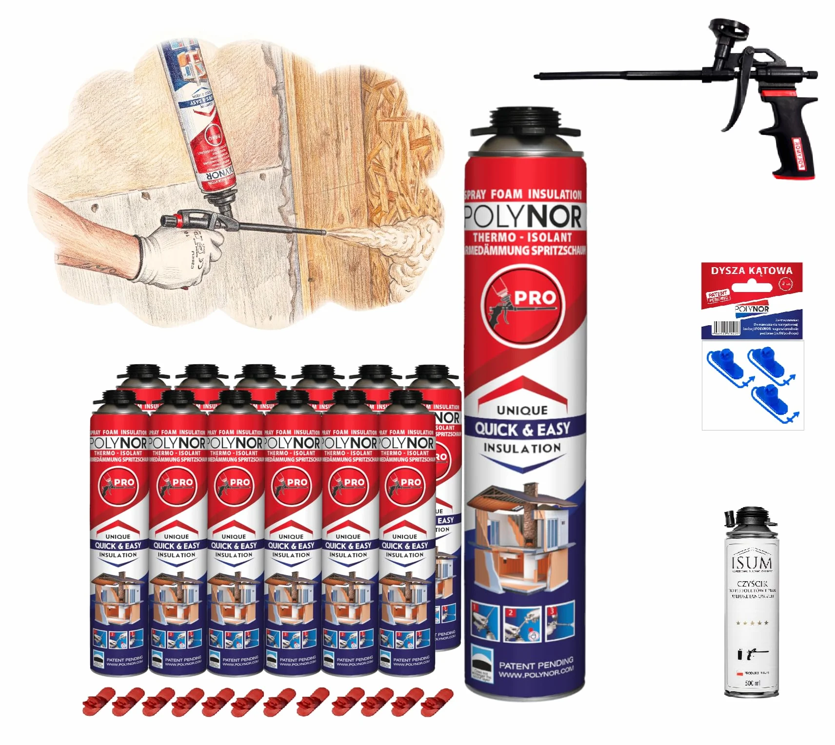 POLYNOR Izolacja Cieplna PUR w Puszce PRO - Pełny Zestaw 29 elementów - 12 Pianek - Pistolet TEFLON PRO do piany - Natryskowa Izolacja Termiczna - Izolacja Ścian, Dachów, Sufitów, Rur - Aerozol 750 ml