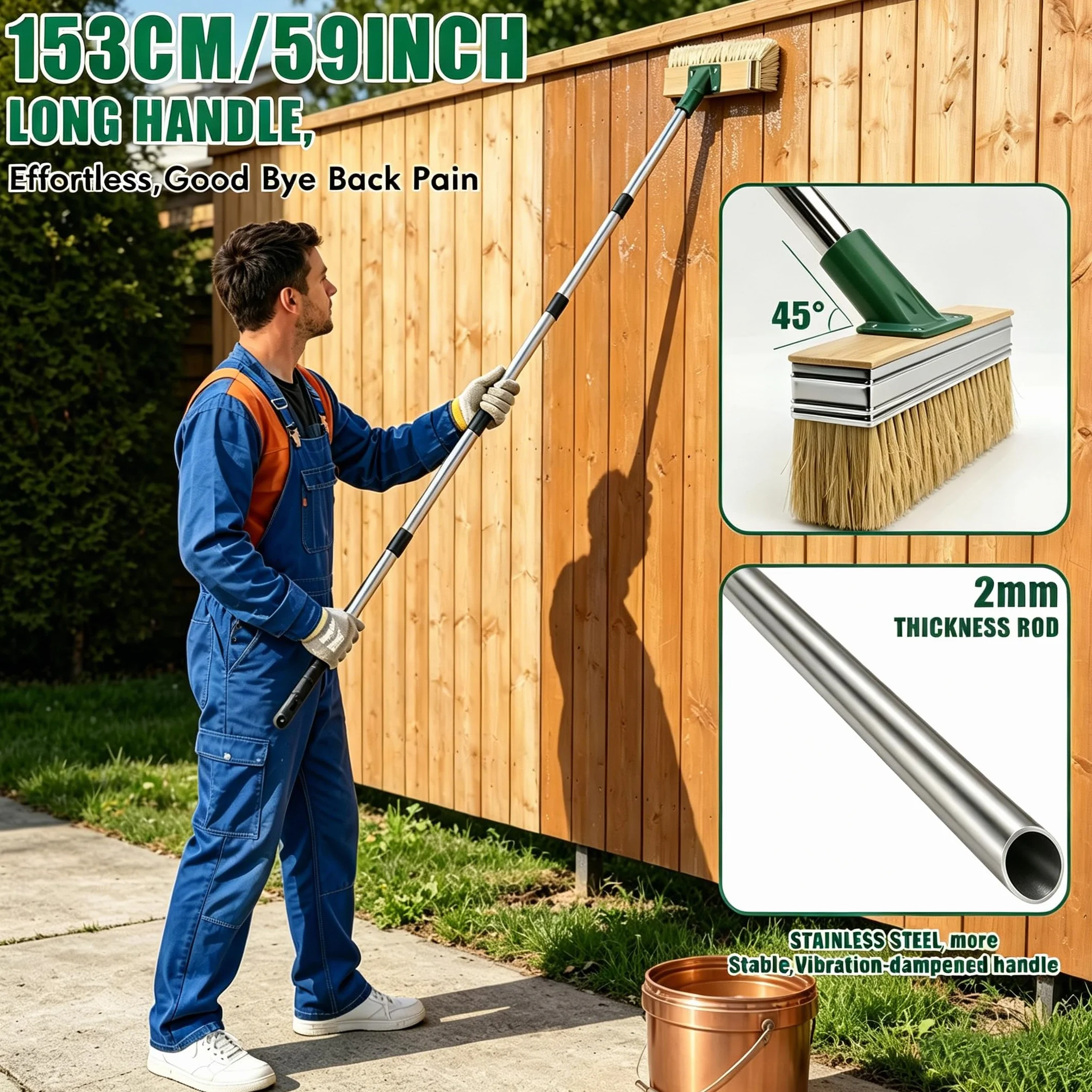 Pędzel płaski do powierzchni z długą rączką 153 cm, zestaw pędzli płaskich do tarasu, z 2 pędzlami o szerokości 18 cm i 1 małym pędzlem, szczotka sufitowa, szczotka tarasowa do podłóg drewnianych