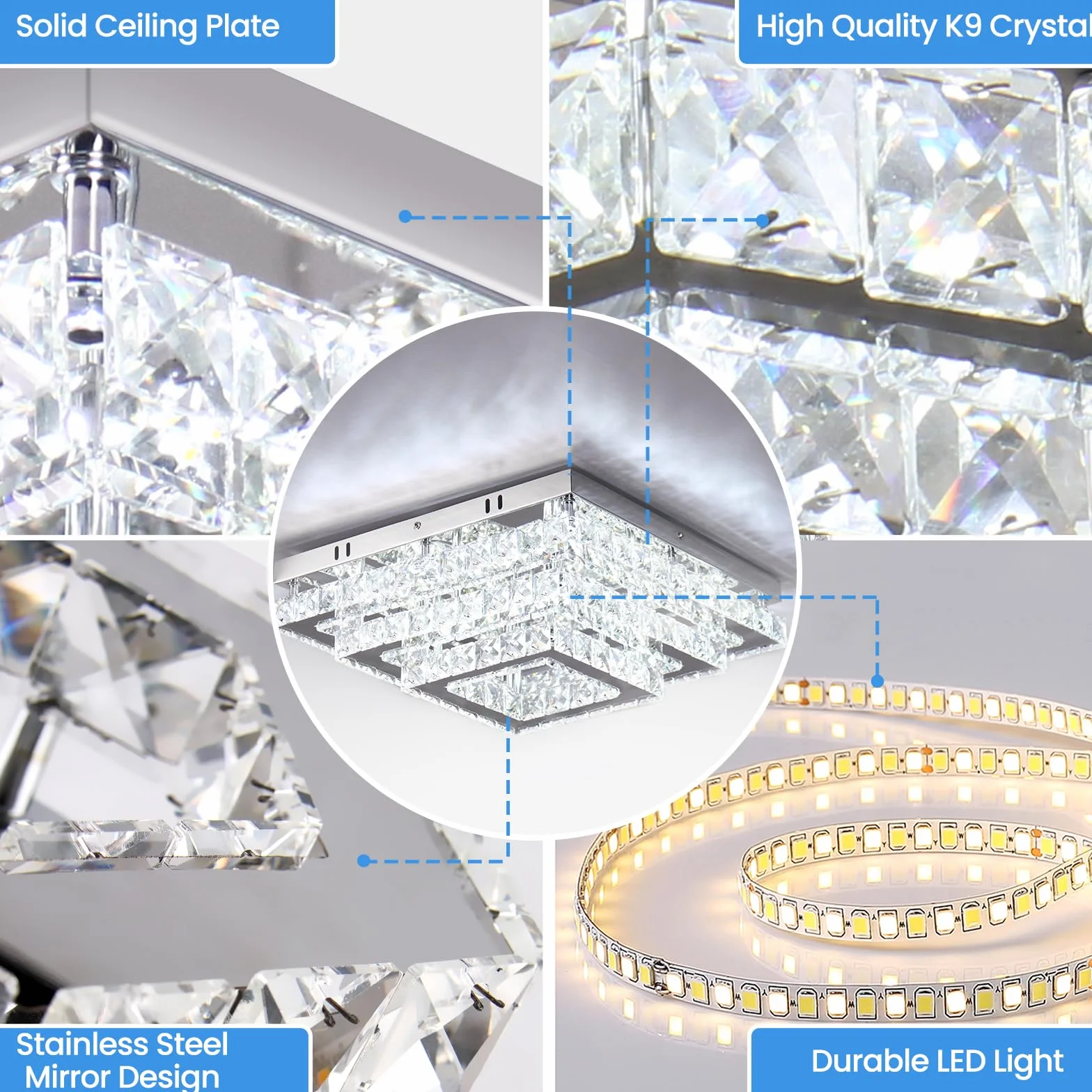 Fintonglan Kwadratowa szklana lampa sufitowa LED 38 cm, 3 poziomy pół-wpuszczane 61 W 6500 K zimna biel, nowoczesna lampa sufitowa do salonu, sypialni i jadalni