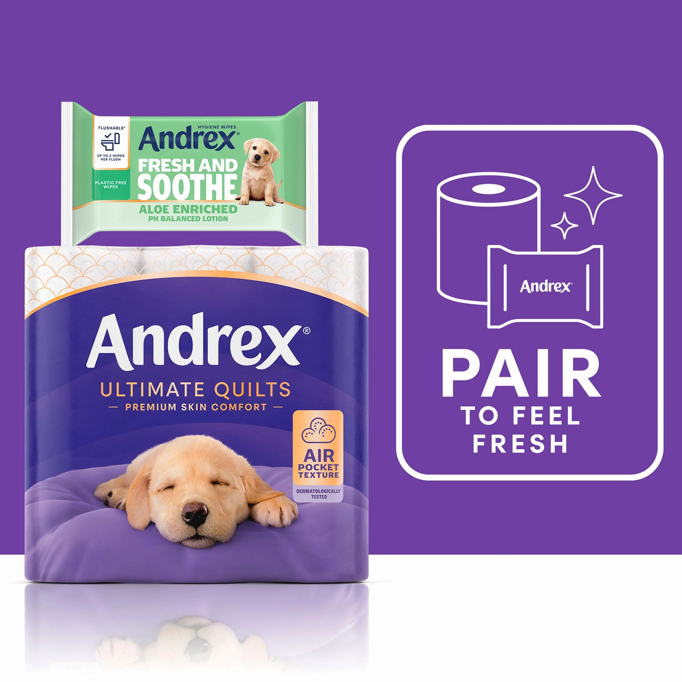 Andrex Pikowany papier toaletowy Supreme Quilts – pakiet papieru toaletowego – o 25% grubszy niż wcześniej, aby zapewnić najwyższy komfort pikowania z unikalną teksturą kieszeni powietrznej, 24