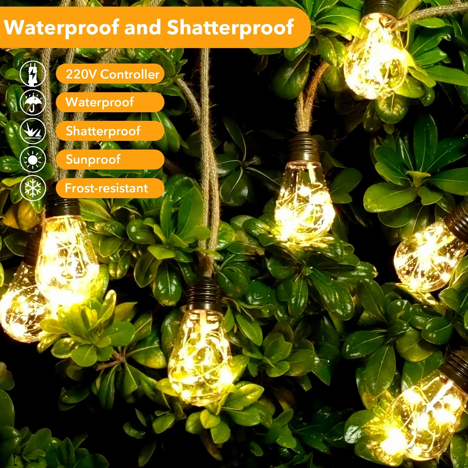 AGOTD łańcuch świetlny LED do użytku wewnątrz i na zewnątrz, 6 m, łańcuch świetlny vintage zasilany prądem z liną konopną, 20 diod LED, 8 trybów, dekoracja do ogrodów, na przyjęcia, balkonu, wesela
