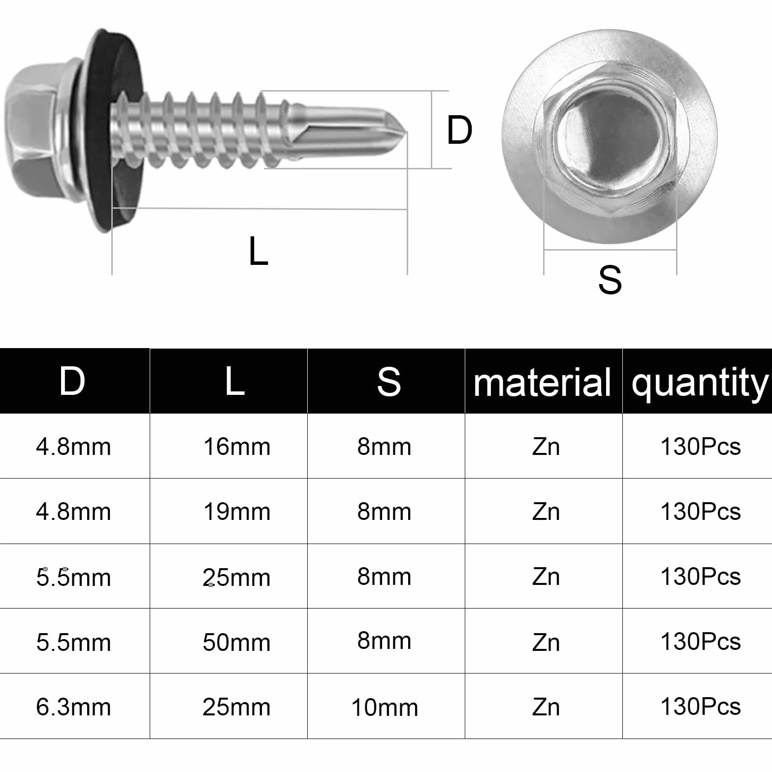 130 sztuk wkrętów do blachy trapezowej, wkręty samogwintujące, 4,8 x 19 mm, wkręty z łbem sześciokątnym, wkręty z podkładką uszczelniającą, wkręty samowiercące do stali, blachy, śruby metalowe