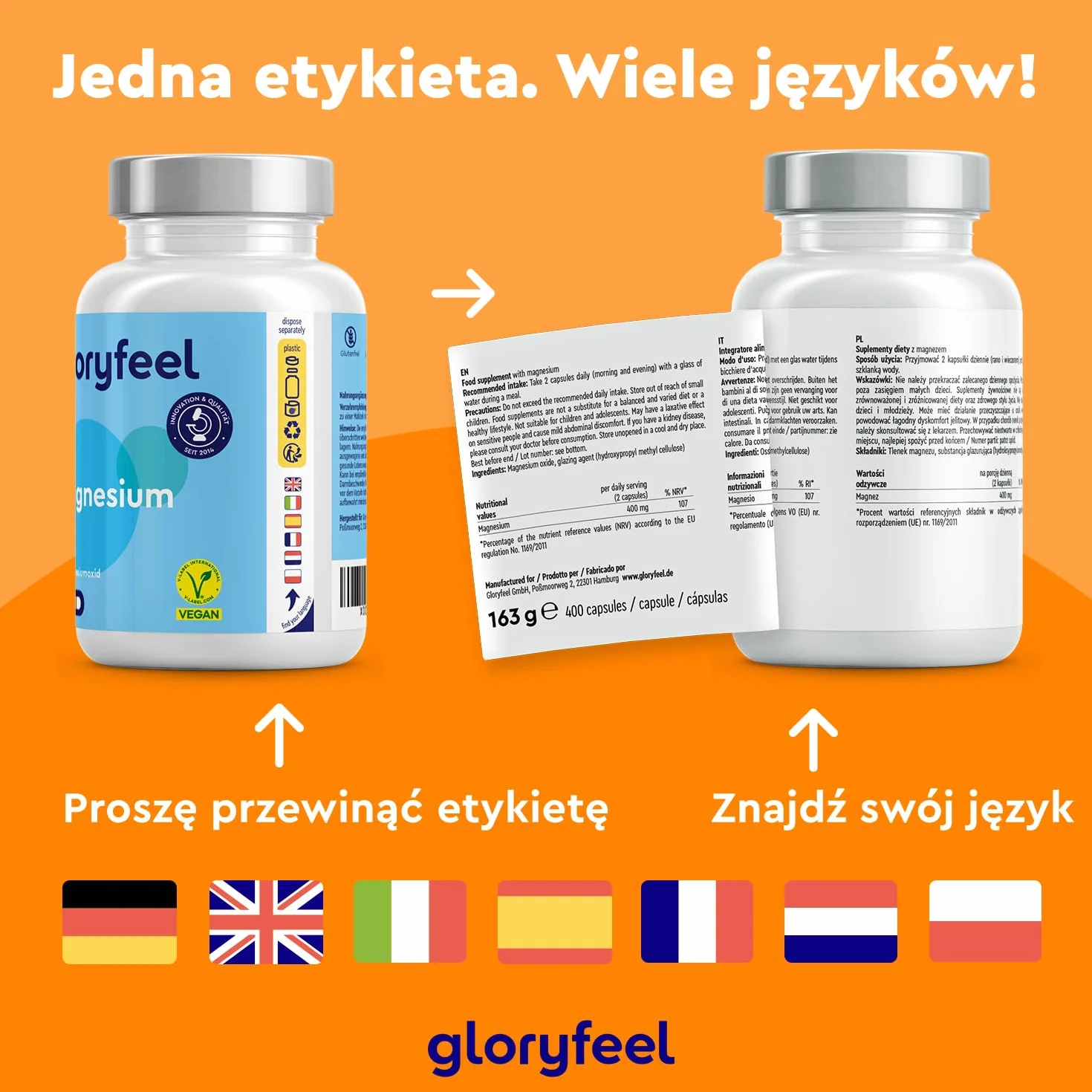 Magnez 400 kapsułek - 760 mg, w tym 400 mg magnezu pierwiastkowego na dzienną dawkę - Wspiera pracę mięśni i metabolizm energetyczny - Testowane laboratoryjnie - Wyprodukowano w DE bez dodatków