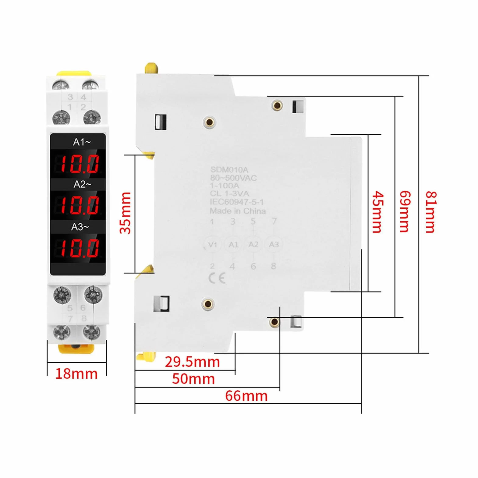 3-fazowy Woltomierz na szynę DIN Amperomierz, AC 80–500 V 1–100 A Cyfrowy Licznik Energii z 3 Czujnikami, Napięciowo-prądowy Miernik Mocy Tester Energii Elektrycznej Multimetr