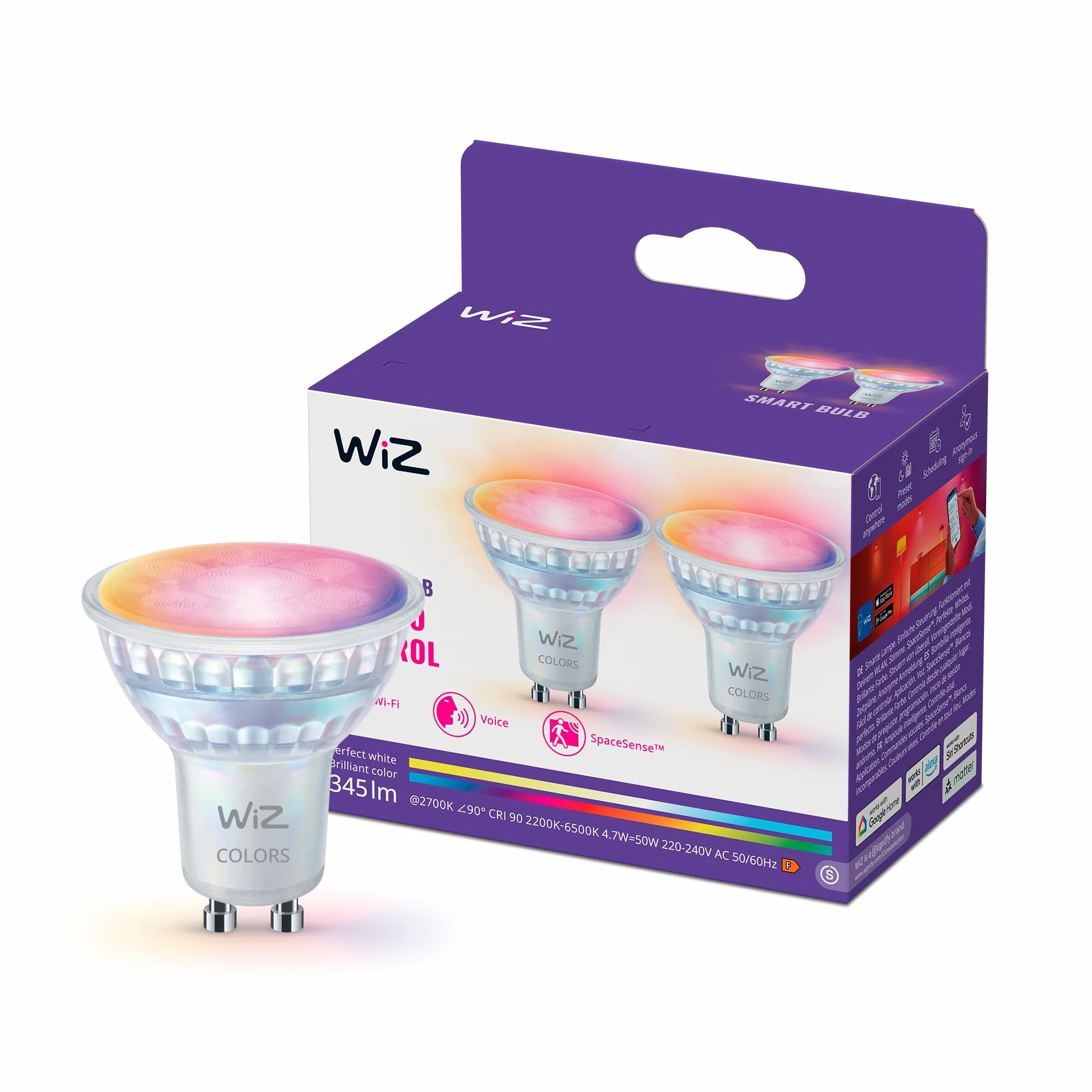 Szklany reflektor punkt WiZ Smart LED GU10, kolor i regul odcień białego światła, odpowiednik 50 W, 2200K–6500K, 345 lumenów, przyciemn, działa z Alexą, Google Assistant i Apple Home, op. 2 szt.