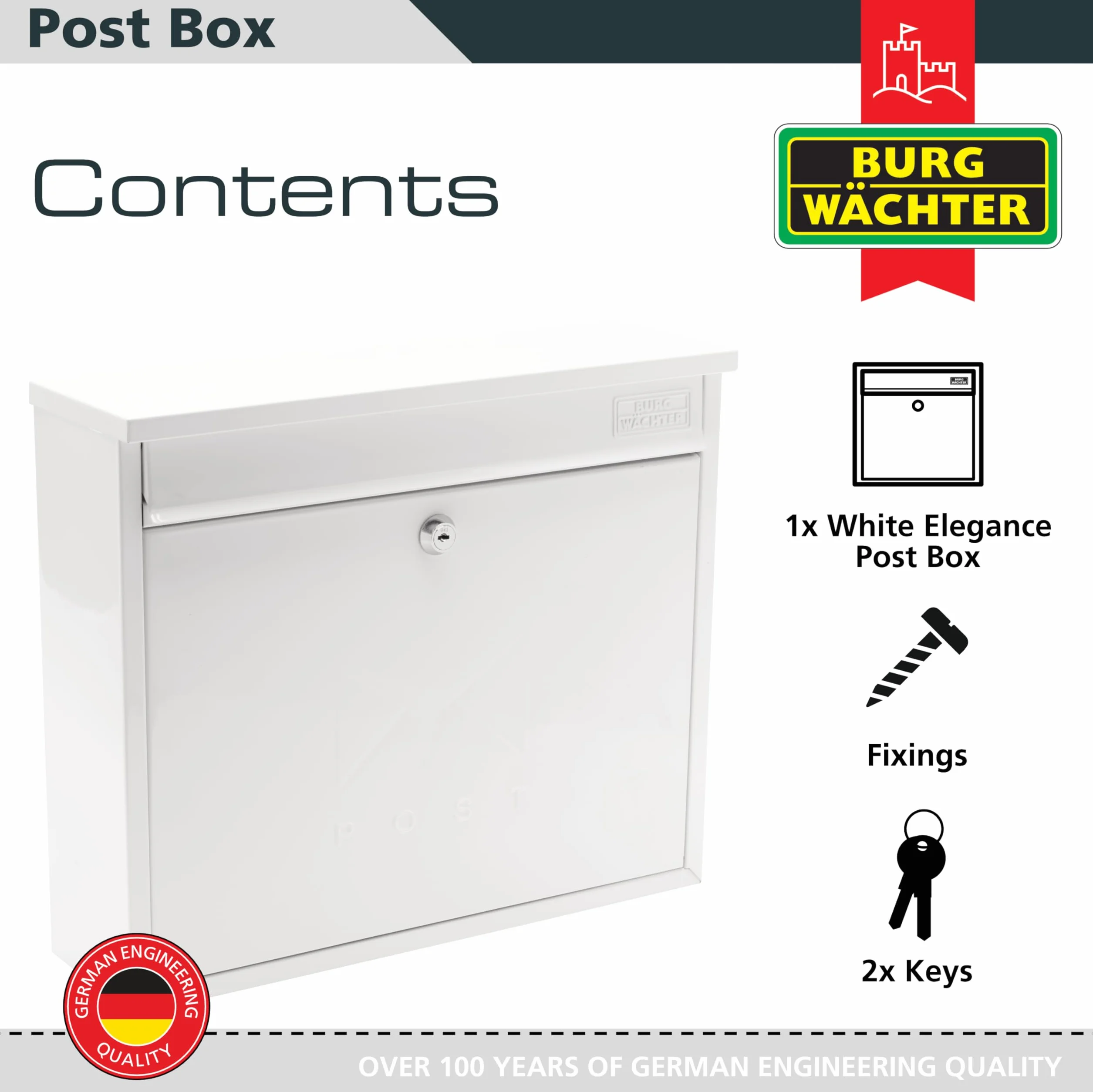 Burg-Wachter MB02 biała elegancka naścienna ocynkowana stal, zamykana, odporna na warunki atmosferyczne skrzynka pocztowa - 36 x 31 x 10 cm