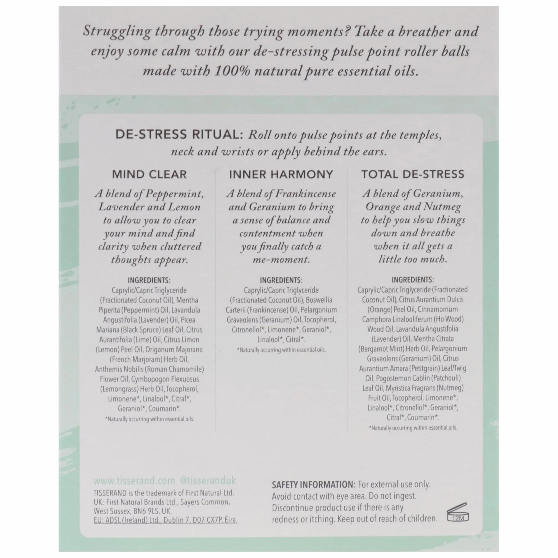 Tisserand Aromatherapy Małe pudełko odstresu - Mind Clear, Inner Harmony, Total De-Stress - 100% naturalne czyste olejki eteryczne - 3 x 10 ml