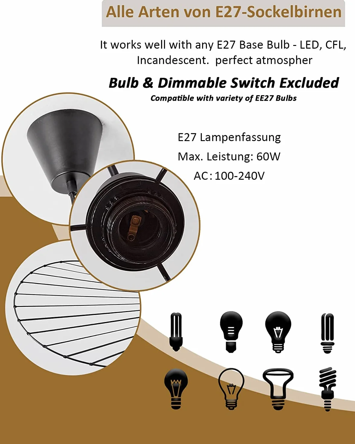 YUNDING Lampa Vintage, lampa wisząca do salonu, LED Vertigo, regulacja wysokości światła, włókno szklane/poliuretanowe, oświetlenie E27, żyrandol do restauracji, Klosz, (Czarny, 80 cm)