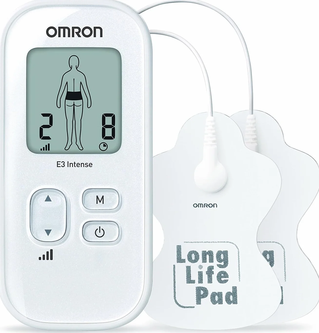 OMRON E3 Intense TENS - spersonalizowana terapia przeciwbólowa z 6 programami, 3 programami masażu, 15 poziomami intensywności i trwałymi elektrodami wielokrotnego użytku, które można prać.