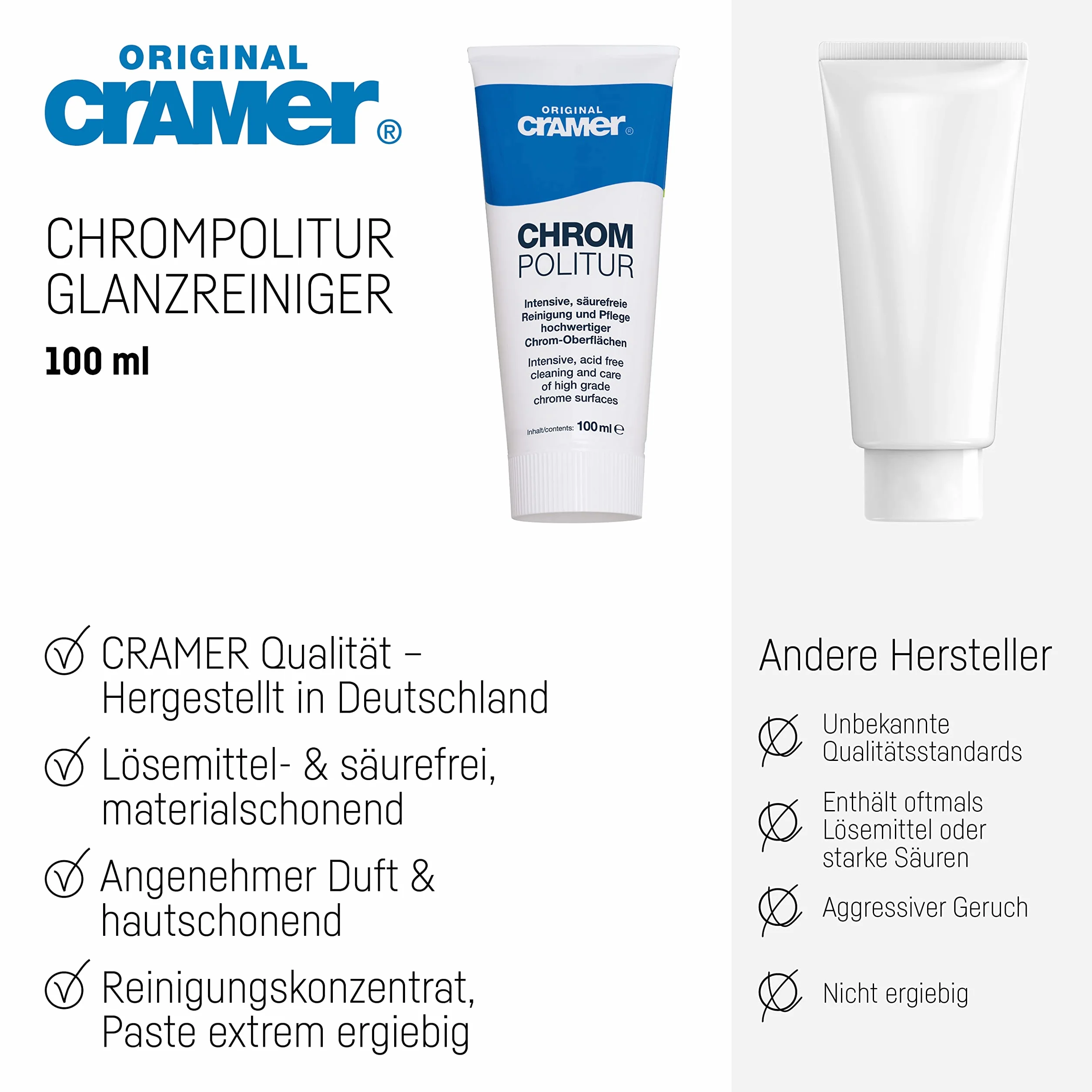 Cramer® Chrom-Star politura do chromu, 100 ml, intensywny środek czyszczący bez kwasu, do błyszczących i matowych powierzchni chromowanych, do armatury betonowej w kuchni i łazience