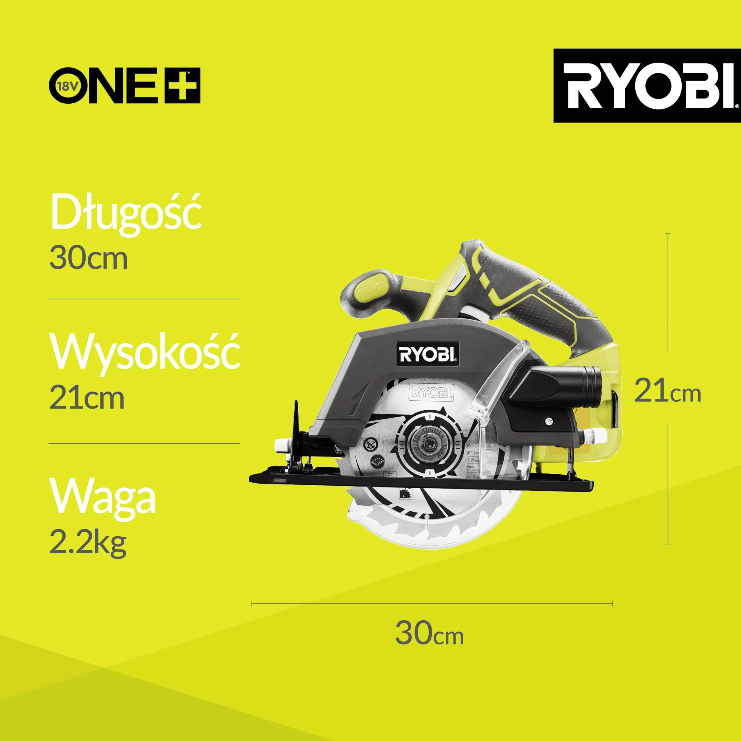 Ryobi Pilarka tarczowa 18V, R18CSP-0, średnica tarczy 150 mm, regulacja kąta 0-56 stopni, głębokość cięcia 45 mm przy 90 stopniach oraz 32 mm przy 45 stopniach, wersja bez akumulatora i ładowarki