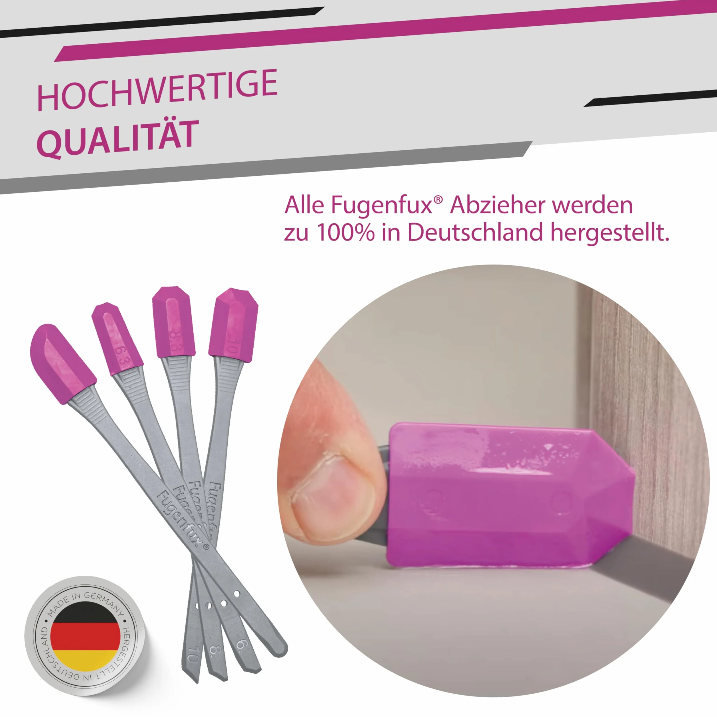 FUGENFUX® DIAGO 4-częściowy zestaw do fug – ściągacz do wąskich miejsc, silikonu, akrylu, Made in Germany