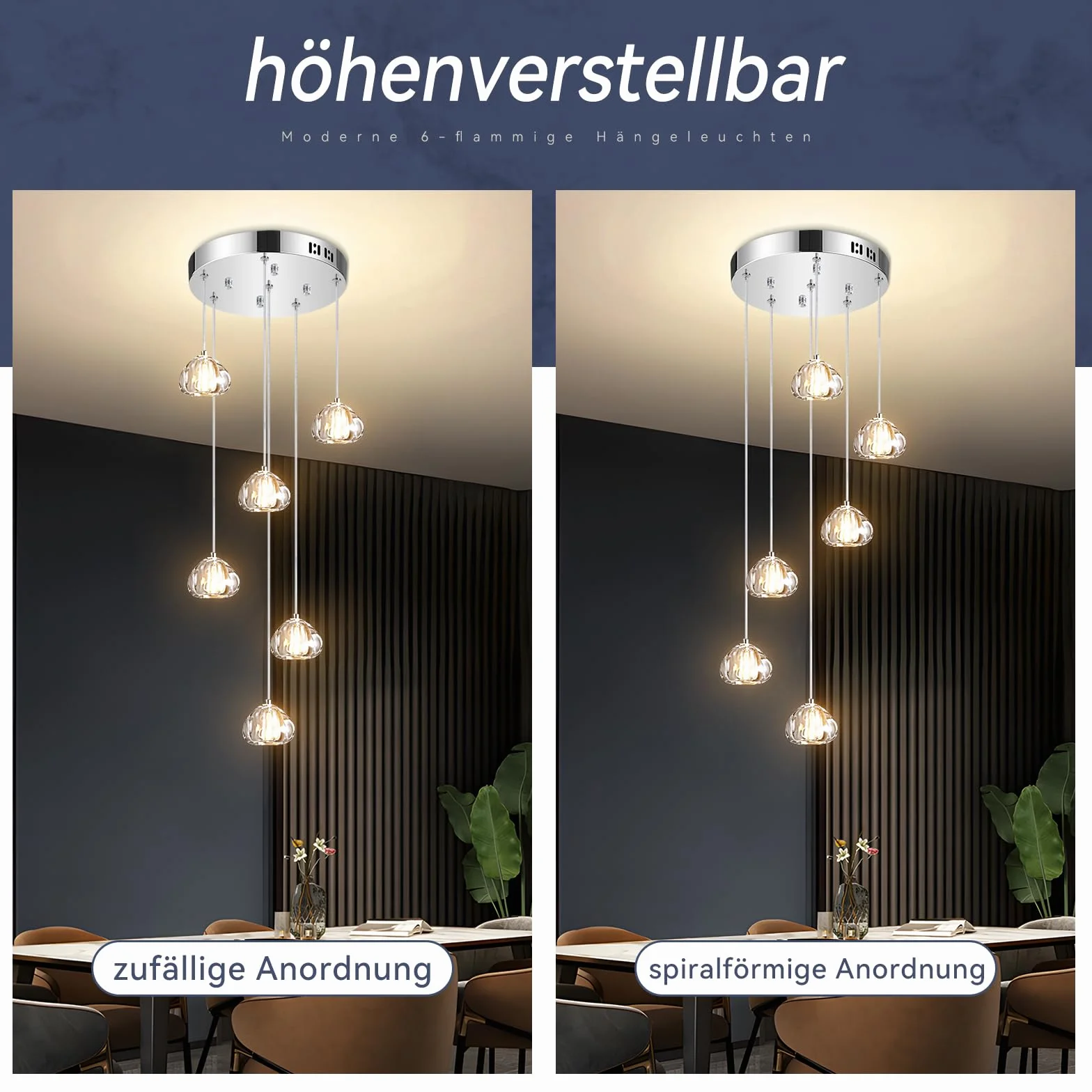 H.W.S Nowoczesna lampa wisząca LED, żyrandol Villa, regulowana wysokość, lampa wisząca szkło, do salonu, jadalni, przedpokoju, schodów, hotelu (6-punktowa, Okrągła, Chrom)