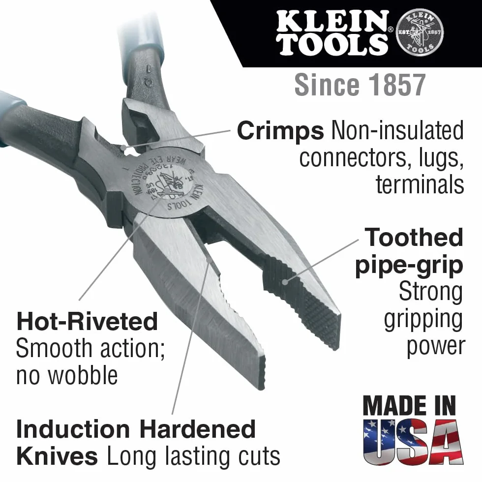 Klein Tools J12098 uniwersalne szczypce kombinowane z matrycą do zaciskania, uchwyt do rur zębatych, noże hartowane indukcyjnie