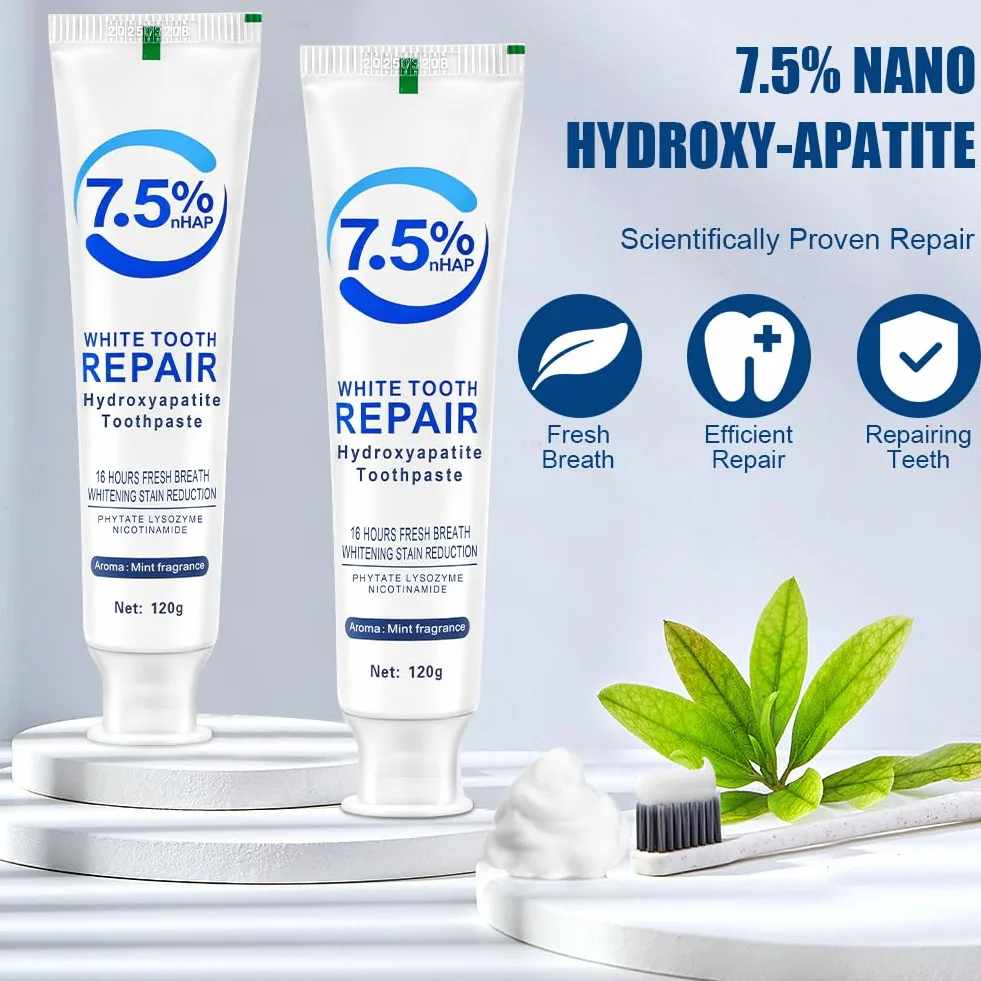 7,5% hydroksyapatyt pasta do zębów, 2-pak 120 g do ochrony emalii, delikatny smak mięty, bezfluorowa naprawa szkliwa i wzmacniająca zęby dla wrażliwych zębów, świeży oddech