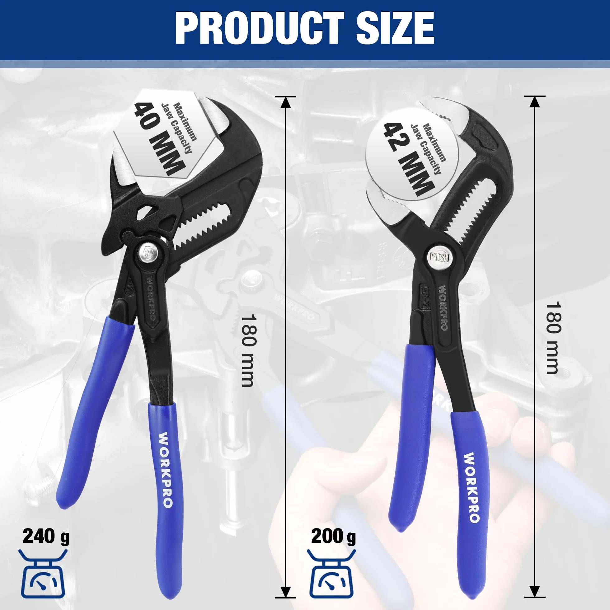 WORKPRO 2-częściowy zestaw szczypiec do pomp wodnych, 180 mm, szczypce przegubowe bez zębów i szczypce do rur z wysokiej jakości stali Cr-V, maks. otwór: 42 i 40 mm, szybka regulacja do naprawy