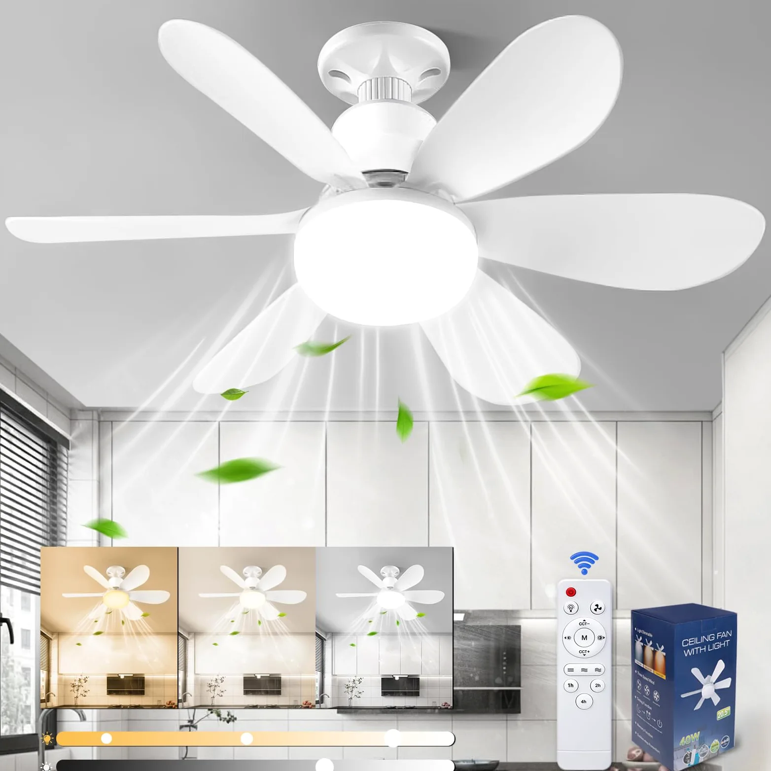 Wentylator sufitowy ze światłem i pilotem,52 cm lampa z wentylatorem sufitowym LED z możliwością przyciemniania Zintegrowana lampa E27,6 łopatek,4 prędkości,cicha,do salonu,sypialni,toalety.