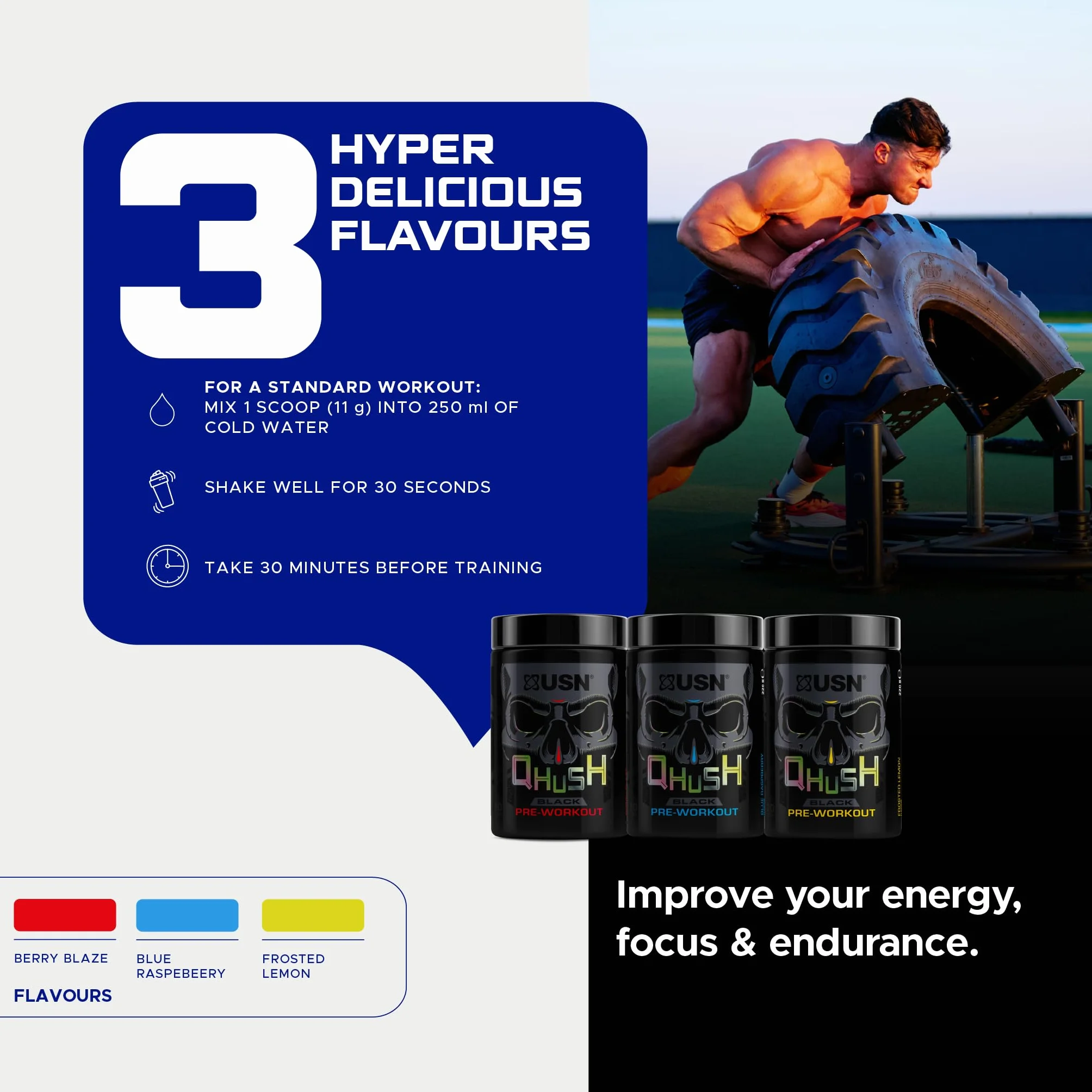 USN QHUSH Pre-Workout Blue Raspberry 20 Serv