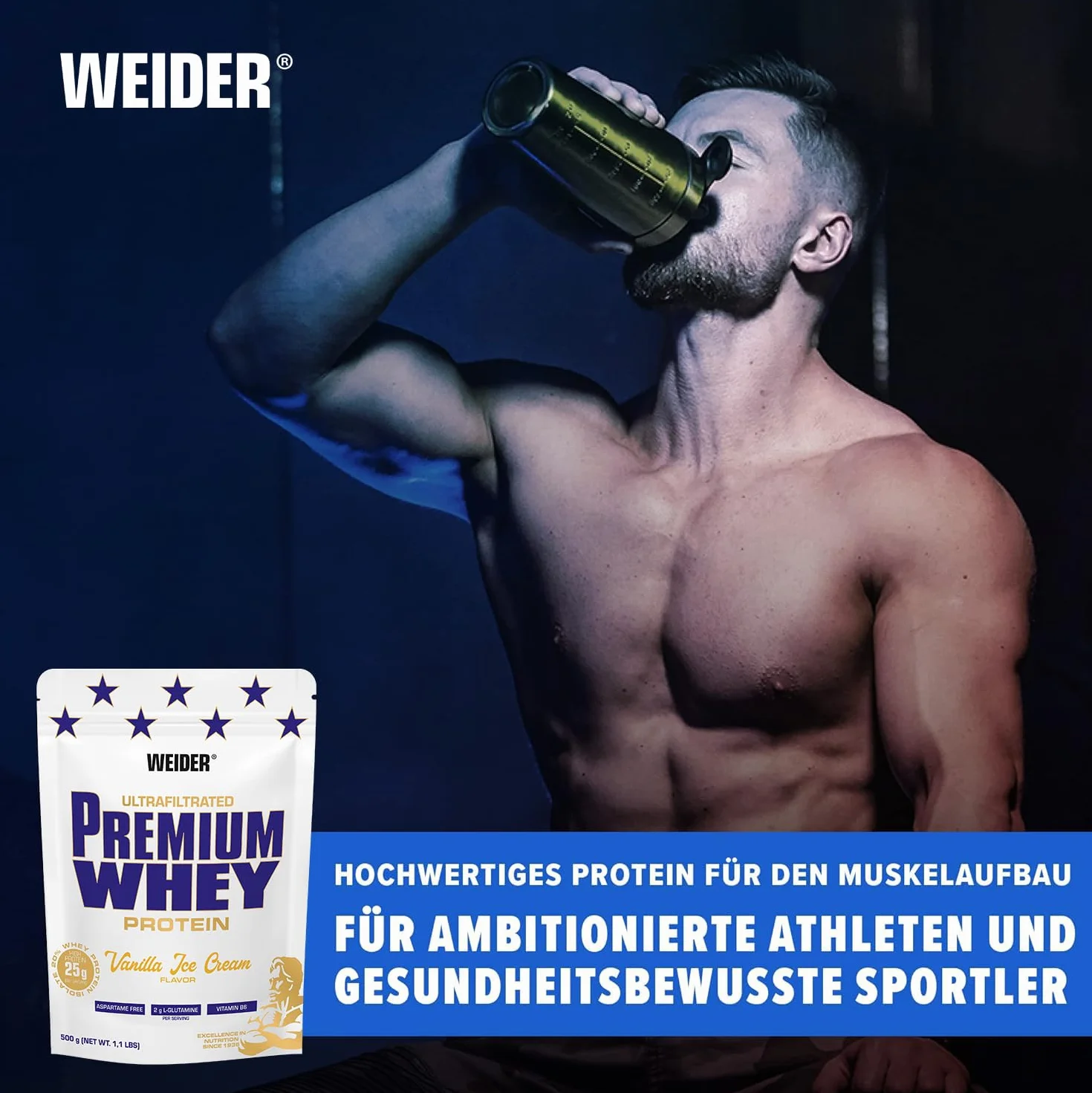 Weider Premium Whey Protein. Białko - koncentrat i izolat serwatki. Z L-glutaminą i witaminą B6. Vanilla-Caramel (1 x 500 g).