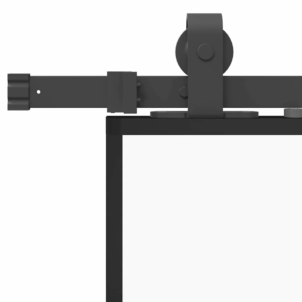 Aluminiowe drzwi przesuwne czarne 76 x 205 cm z matowym szkłem hartowanym, łącznie z zestawem okuć ze stali malowanej proszkowo dla cichego i bezpiecznego użytkowania