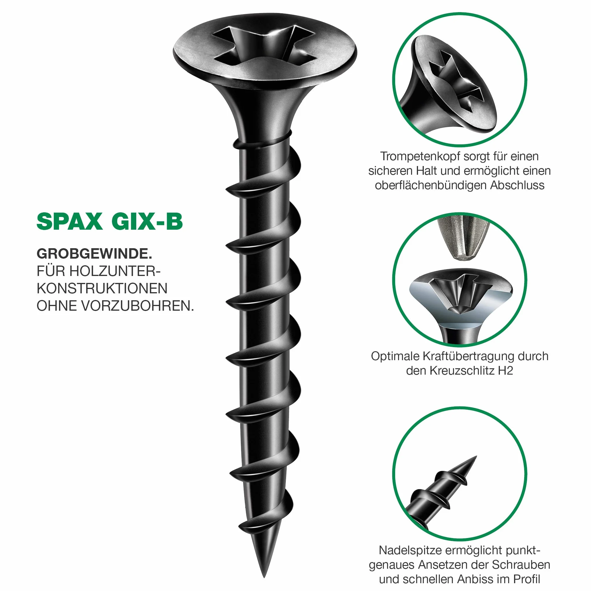 SPAX GIX-B Wkręty do szybkiego montażu 3,9 x 30 mm, gwint gruboziarnisty, 1000 sztuk, łeb trąbki, z rowkiem krzyżowym H2, śruby do suchej zabudowy do drewnianych podkonstrukcji – 1891170390305
