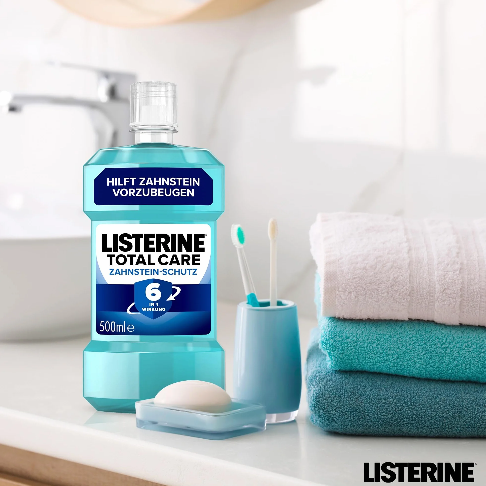 LISTERINE Total Care ochrona przed kamieniem nazębnym 500 ml, ochronny płyn do płukania jamy ustnej z efektem 6 w 1, antybakteryjny płyn do płukania jamy ustnej chroni przed problemami z dziąsłami